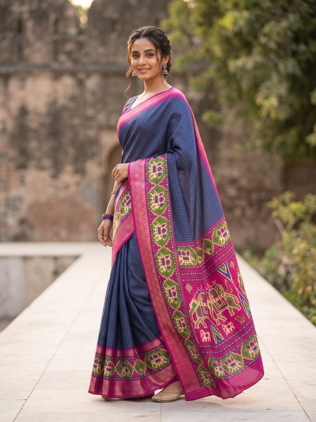 Peachmode Navy Blue Pure Dola Silk Saree With Bentex Chex Jacquard And Digital Print Elephant Pallu - Image 3