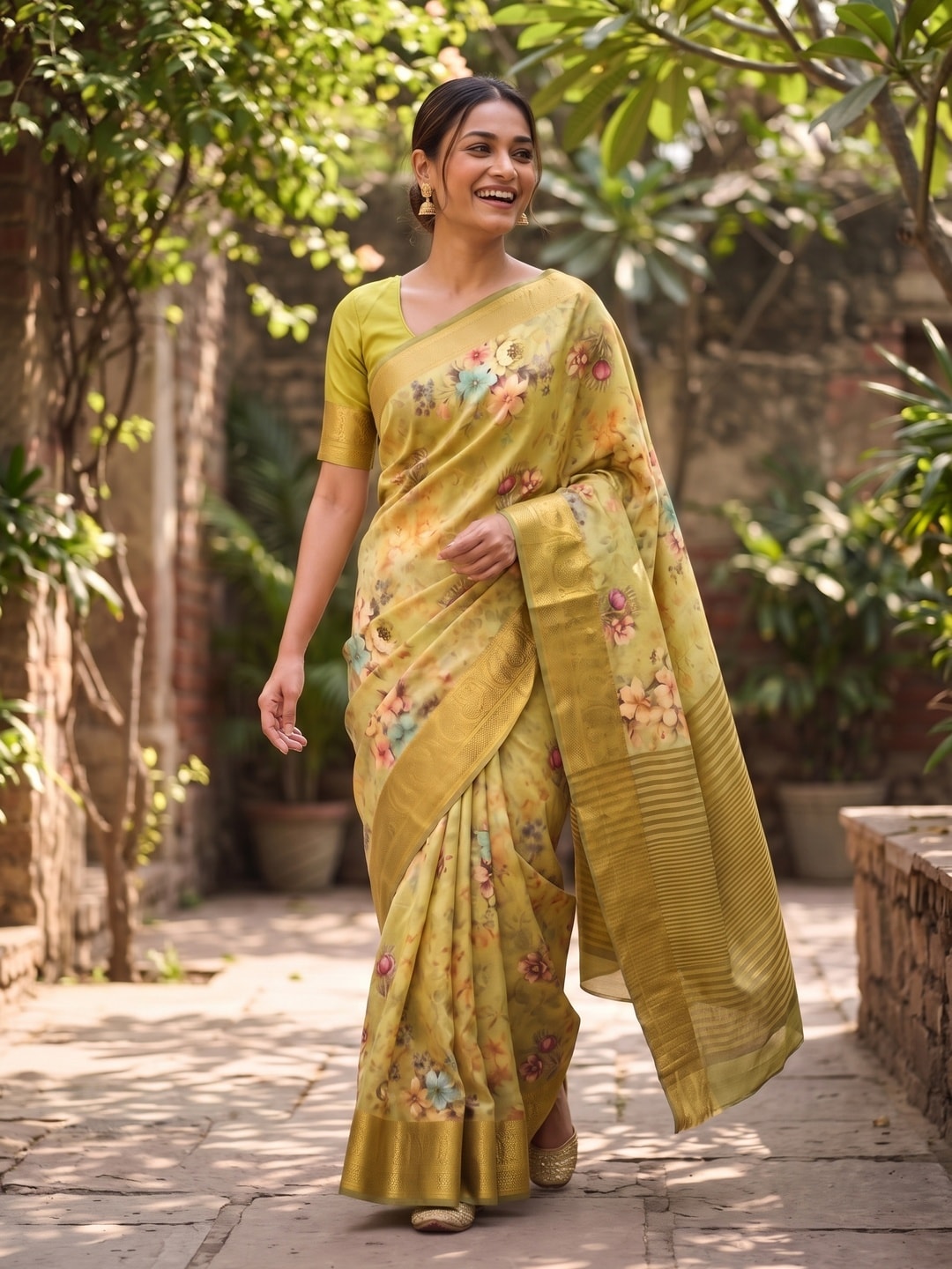 Peachmode Lime Pure Katan Silk Saree With Jacquard Weaving Pallu And Digital Floral Print - Image 4