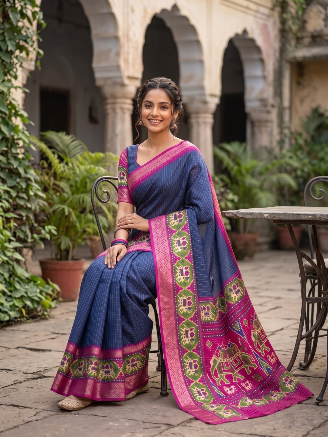 Peachmode Navy Blue Pure Dola Silk Saree With Bentex Chex Jacquard And Digital Print Elephant Pallu - Image 4