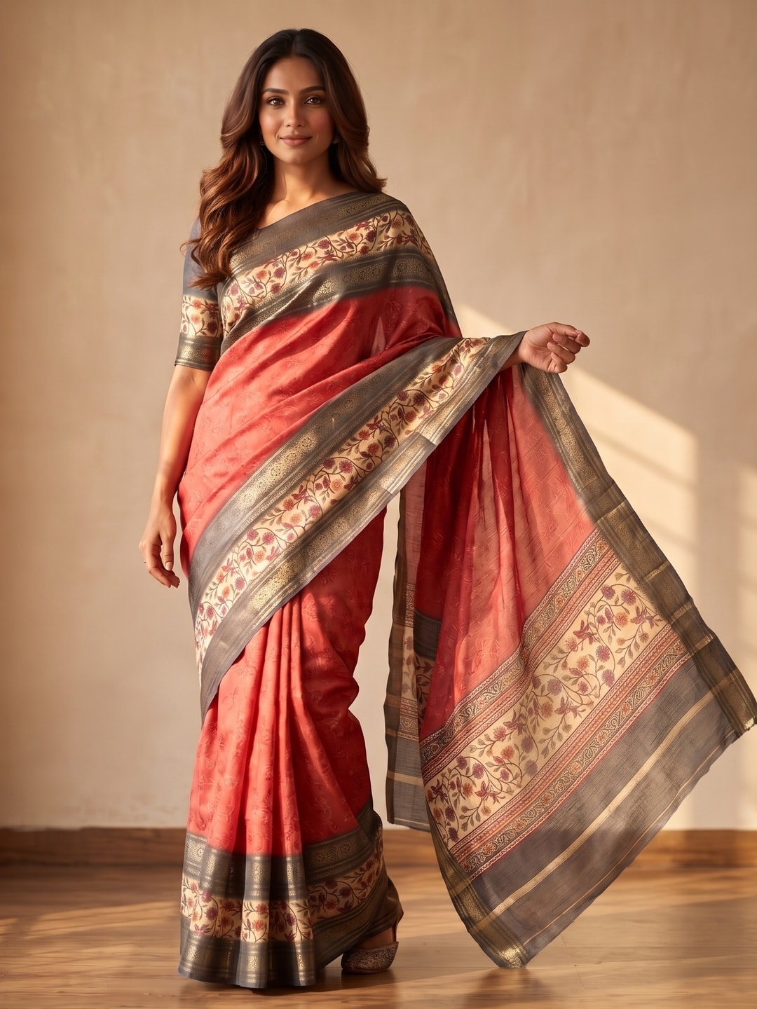 Peachmode Coral Pure Cotton Silk Saree With Bentex Jacquard And Digital Print Panel Design - Image 1