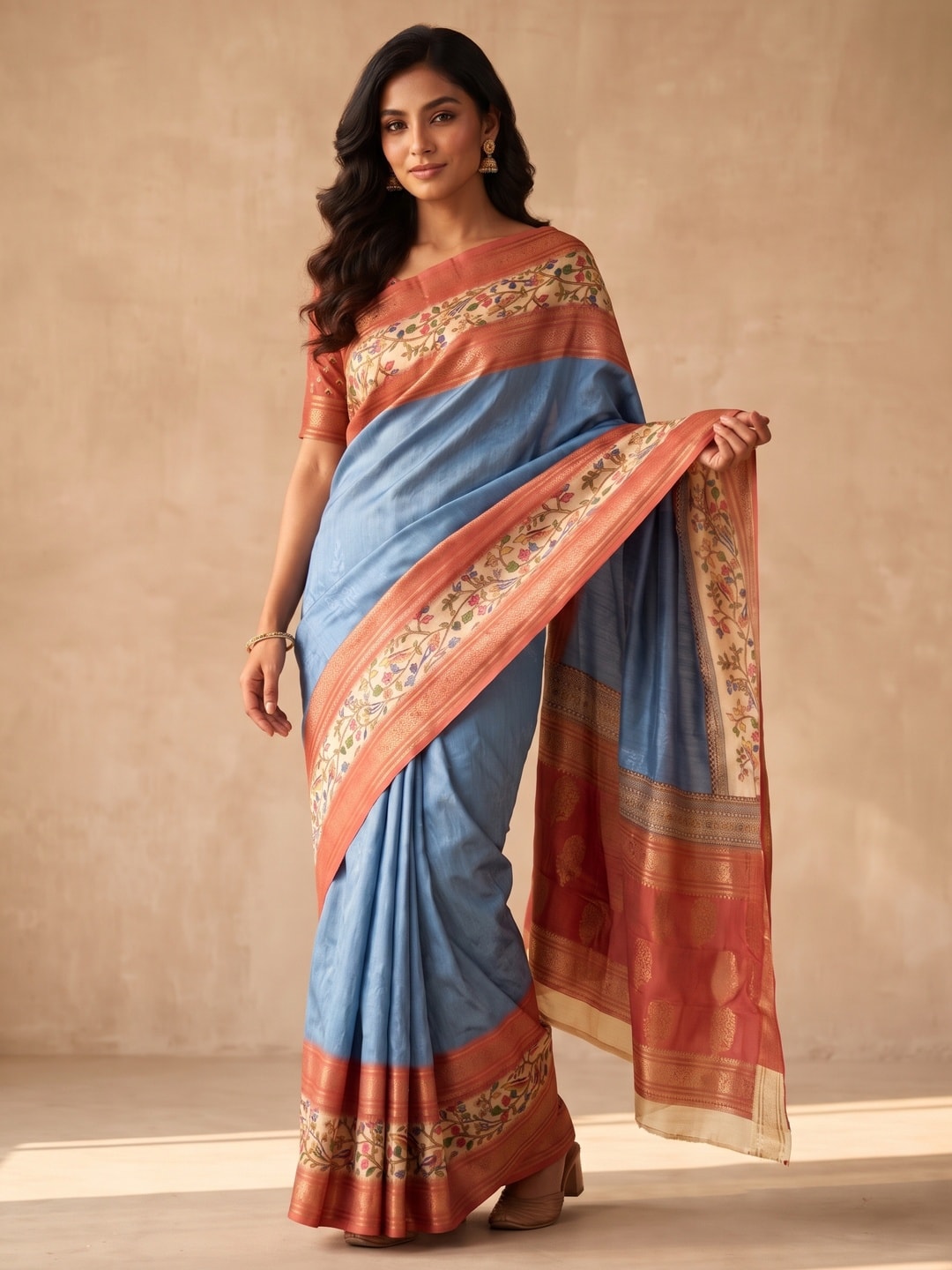 Peachmode Blue Pure Cotton Silk Saree With Bentex Jacquard And Digital Print Panel Design - Image 1