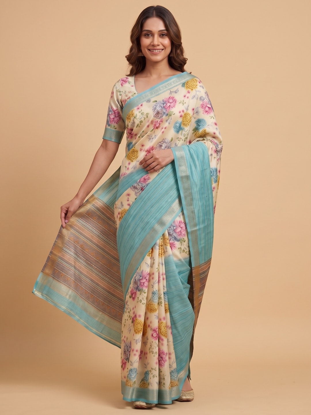Peachmode Aqua Pure Cotton Silk Saree With Bentex Jacquard And Digital Print Panel Design - Image 1