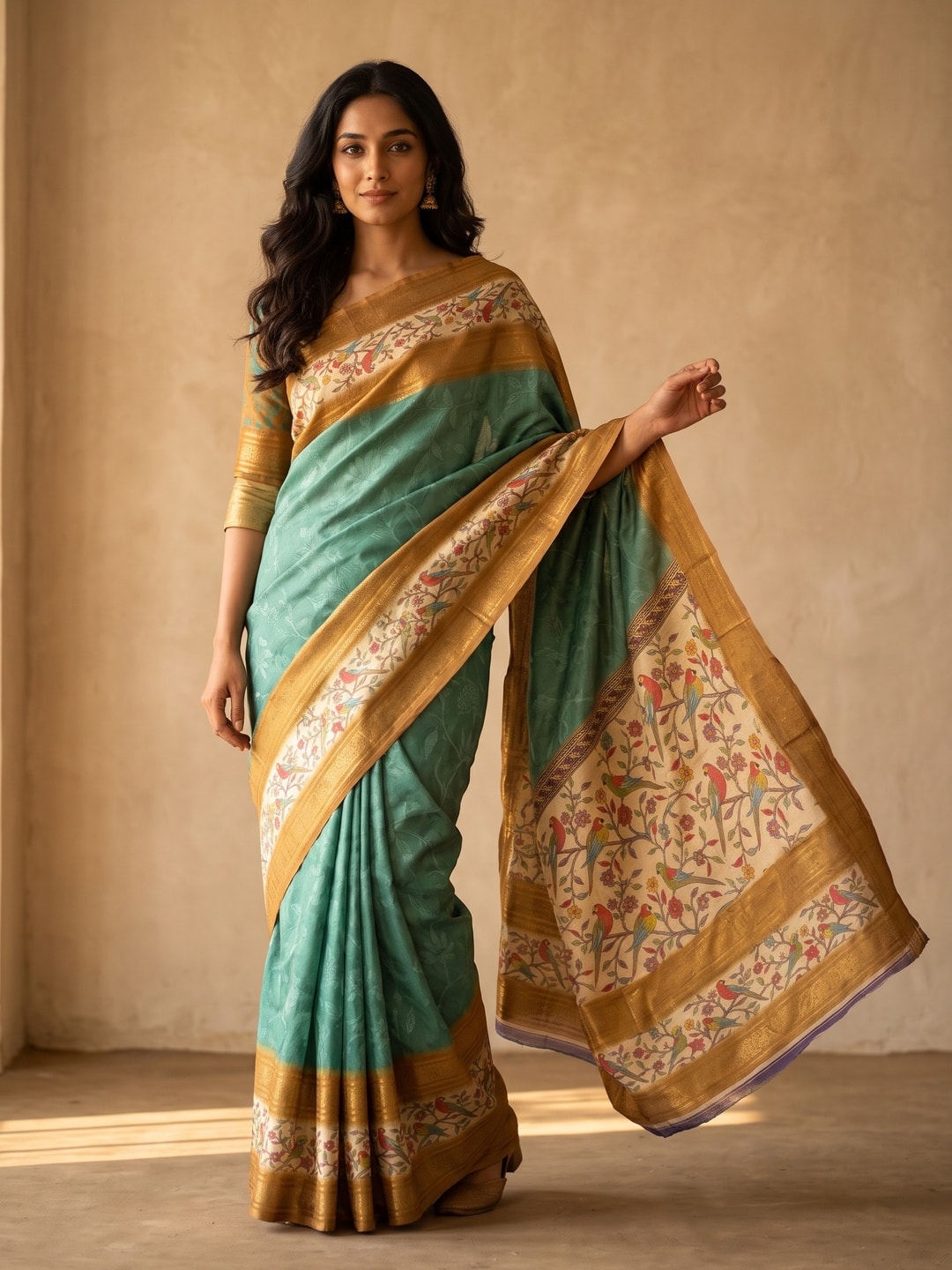 Peachmode Teal Pure Cotton Silk Saree With Bentex Jacquard And Digital Print Panel Design - Image 1