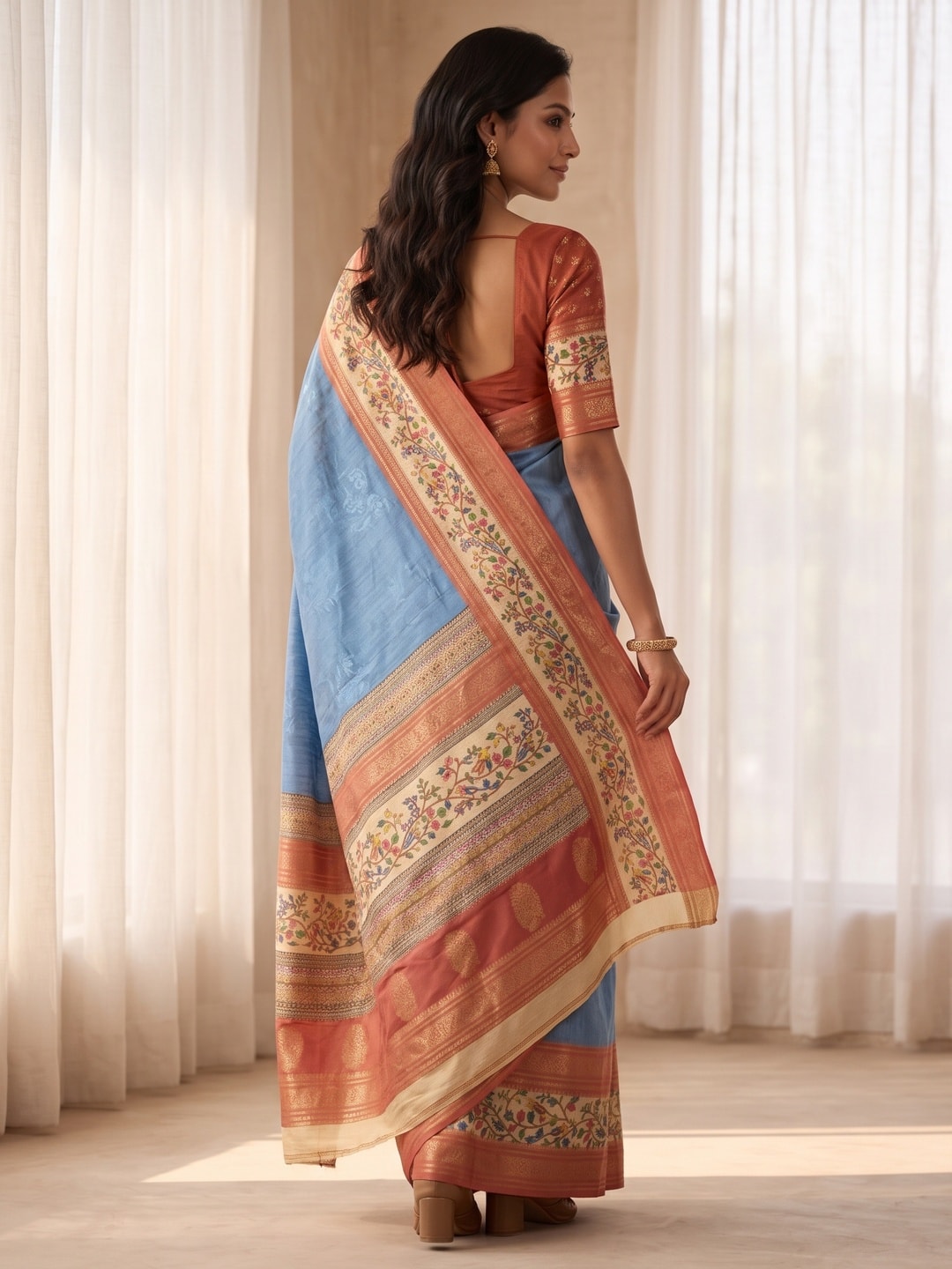 Peachmode Blue Pure Cotton Silk Saree With Bentex Jacquard And Digital Print Panel Design - Image 2