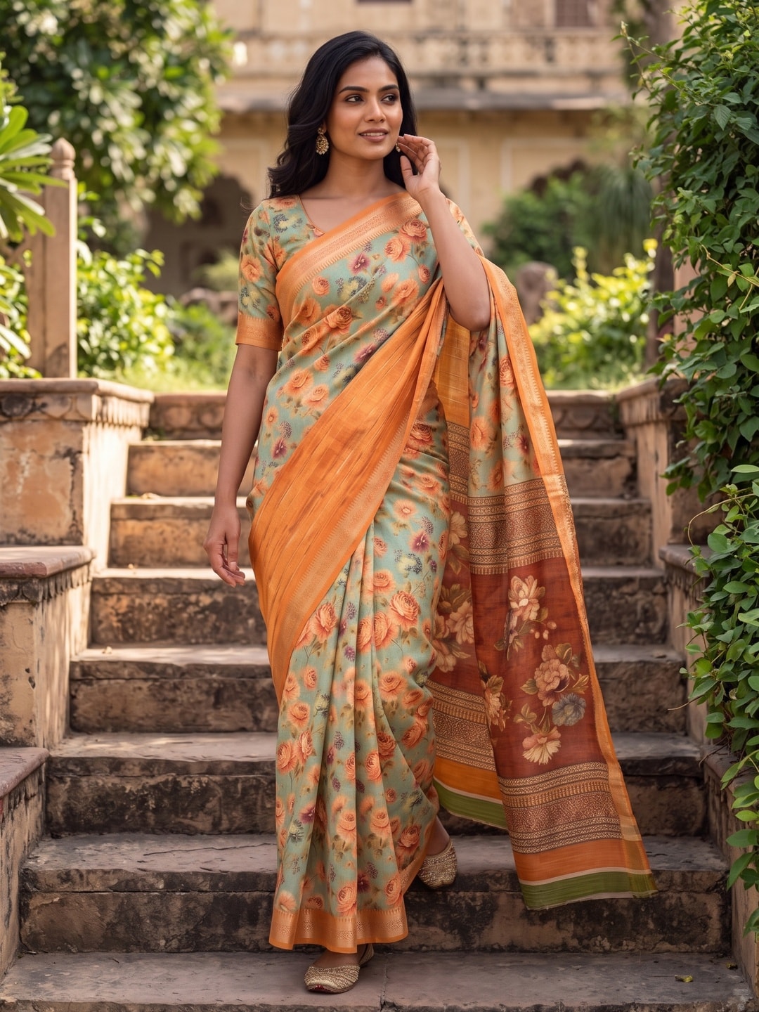 Peachmode Orange Pure Cotton Silk Saree With Bentex Jacquard And Digital Print Panel Design - Image 4