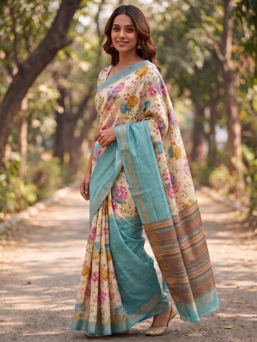 Peachmode Aqua Pure Cotton Silk Saree With Bentex Jacquard And Digital Print Panel Design - Image 3