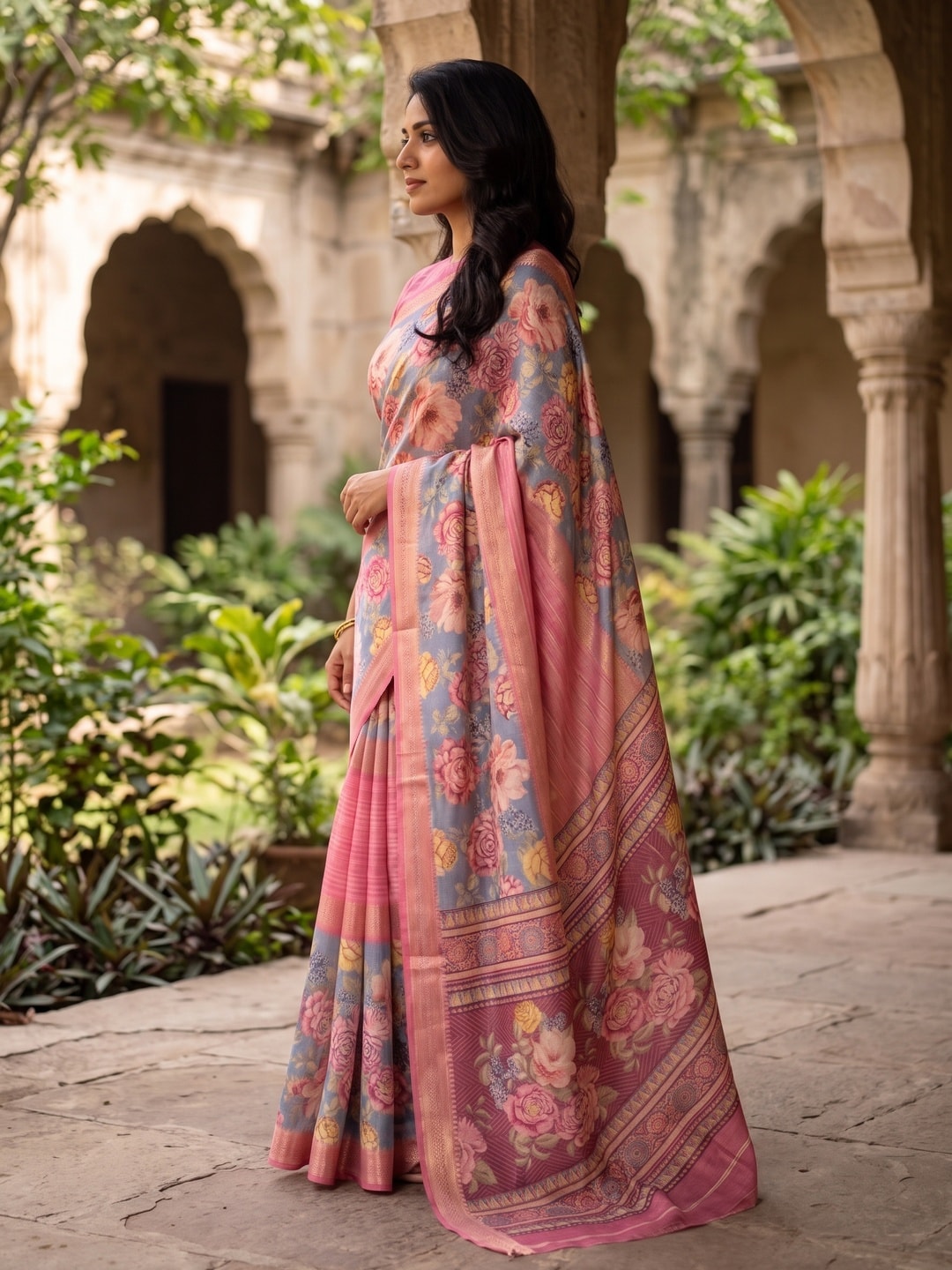 Peachmode Pink Pure Cotton Silk Saree With Bentex Jacquard And Digital Print Panel Design - Image 3