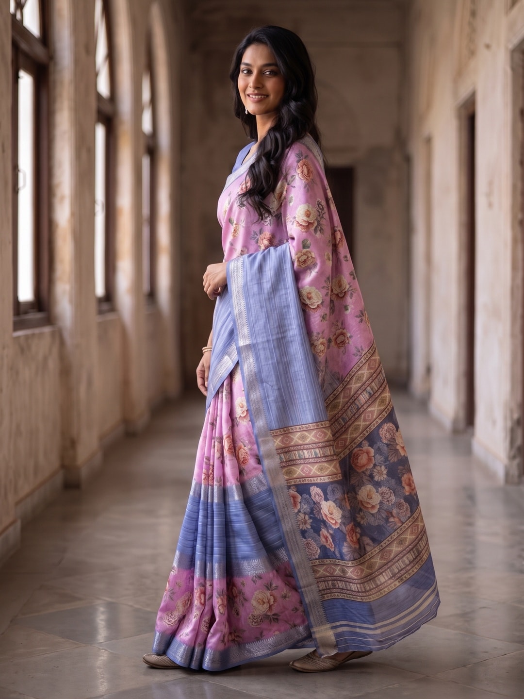 Peachmode Orchid Pure Cotton Silk Saree With Bentex Jacquard And Digital Print Panel Design - Image 3