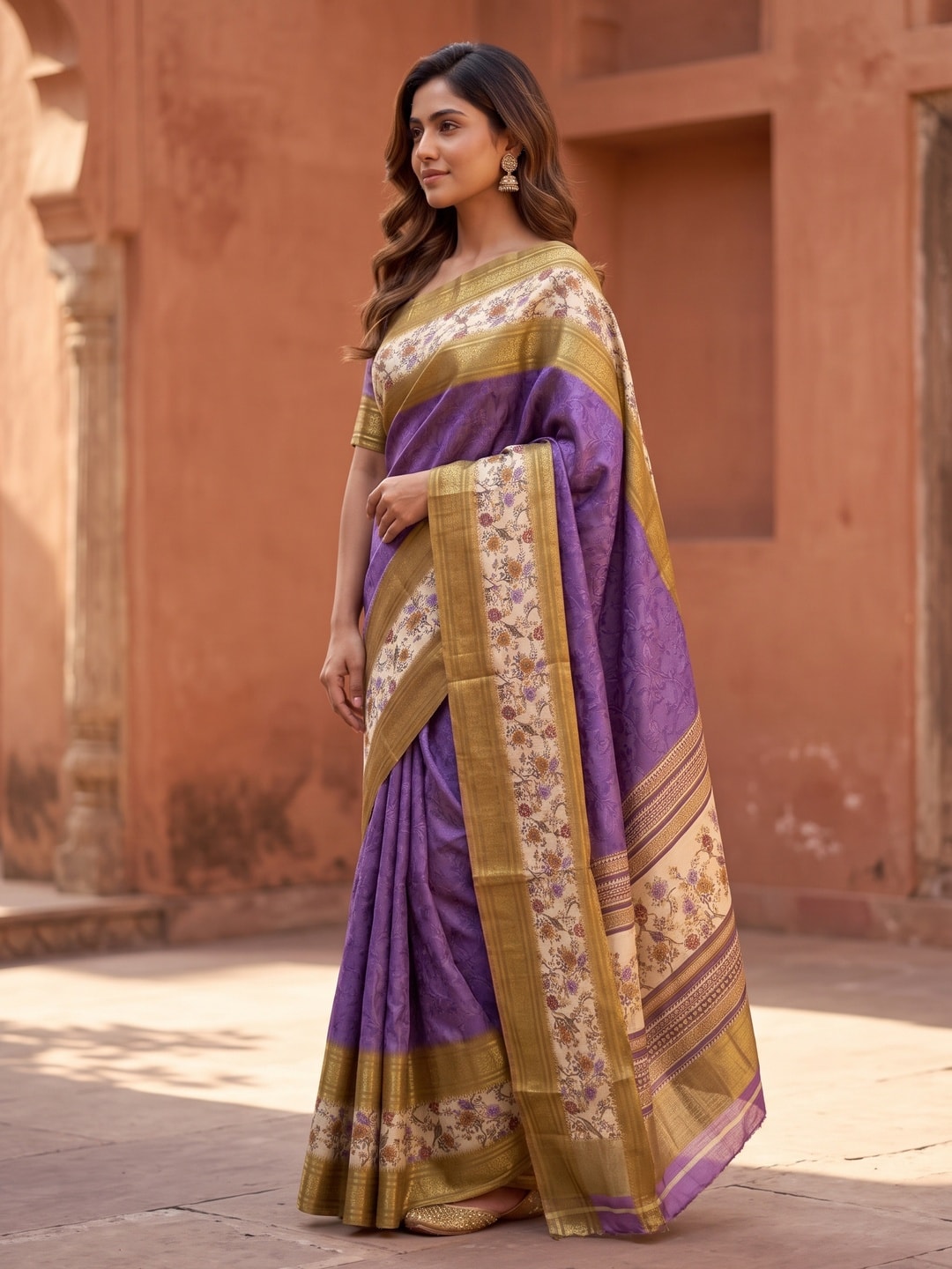Peachmode Purple Pure Cotton Silk Saree With Bentex Jacquard And Digital Print Panel Design - Image 3