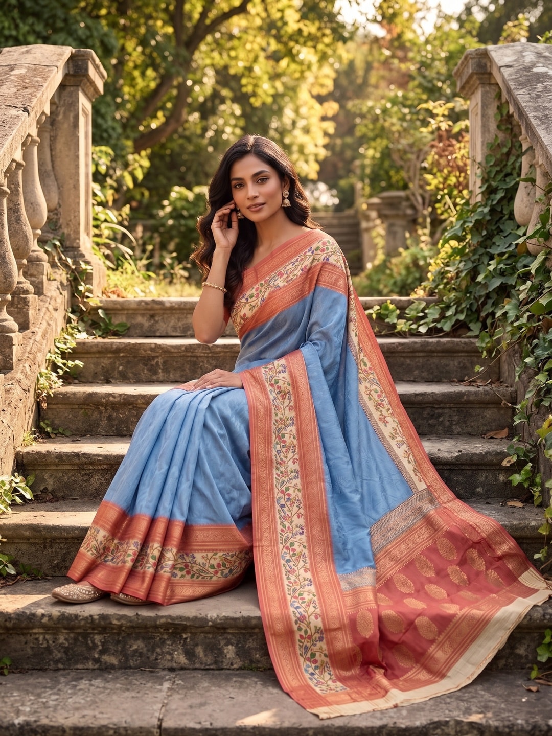 Peachmode Blue Pure Cotton Silk Saree With Bentex Jacquard And Digital Print Panel Design - Image 4