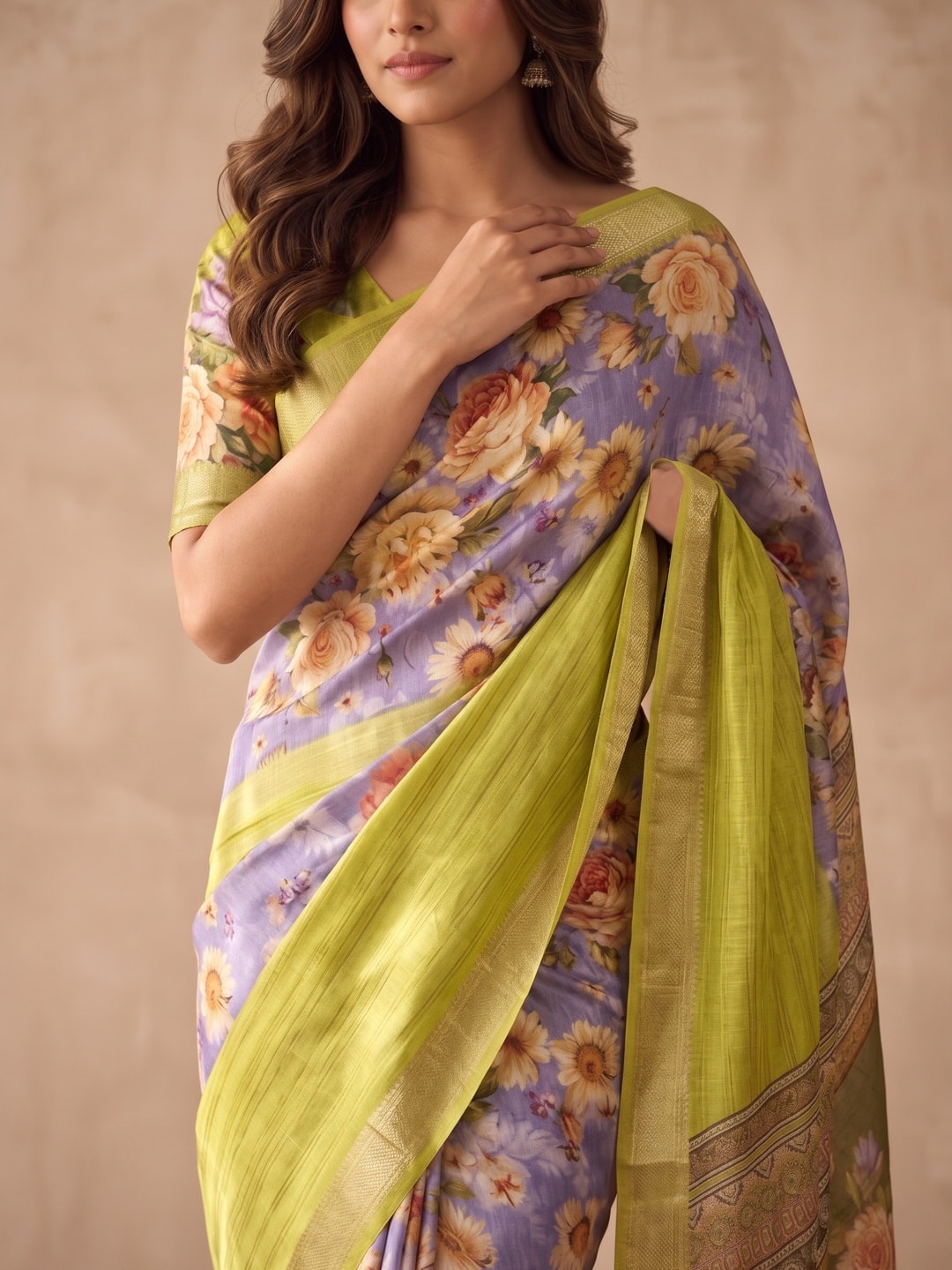 Peachmode Lime Pure Cotton Silk Saree With Bentex Jacquard And Digital Print Panel Design - Image 5