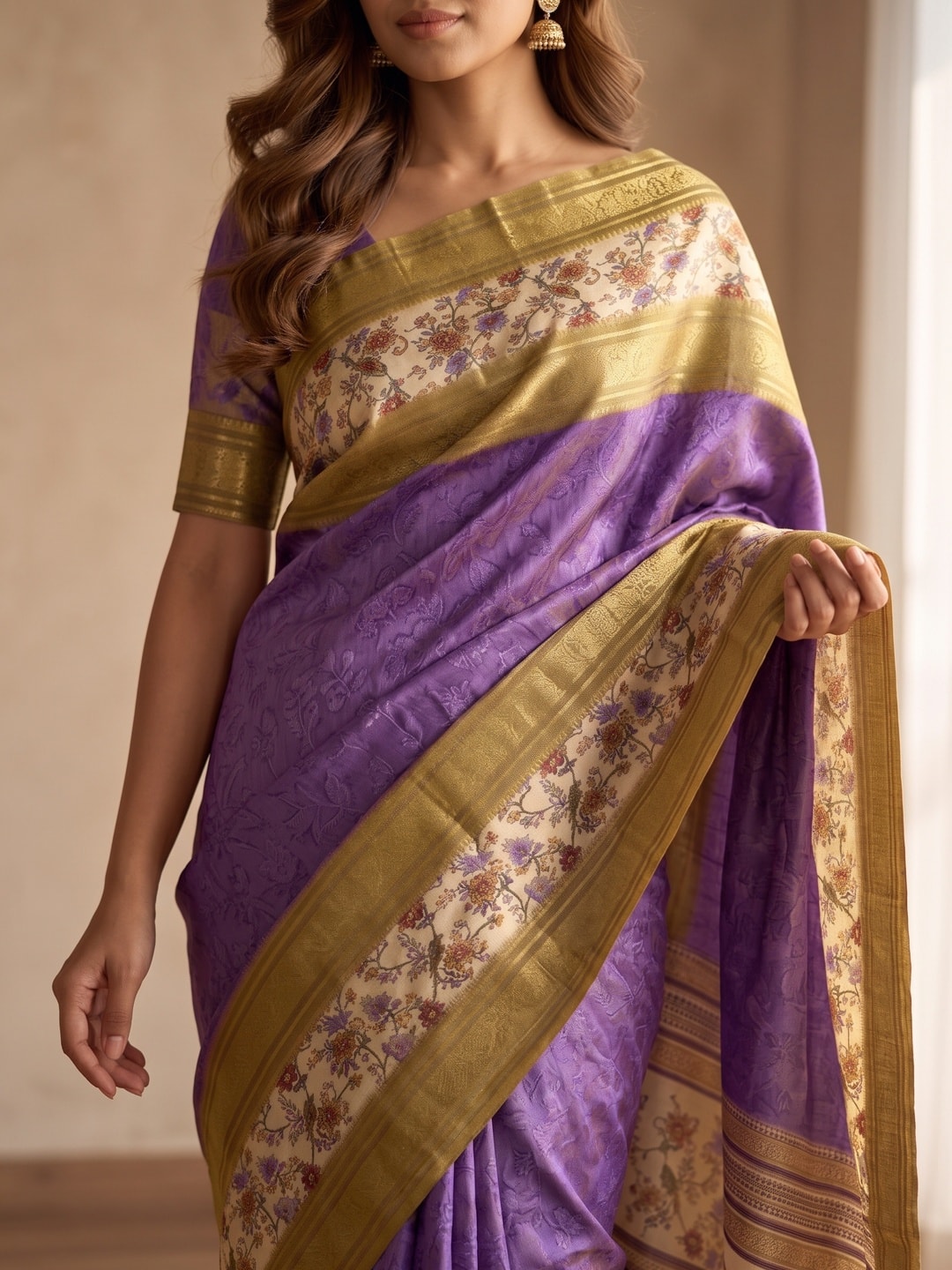 Peachmode Purple Pure Cotton Silk Saree With Bentex Jacquard And Digital Print Panel Design - Image 5