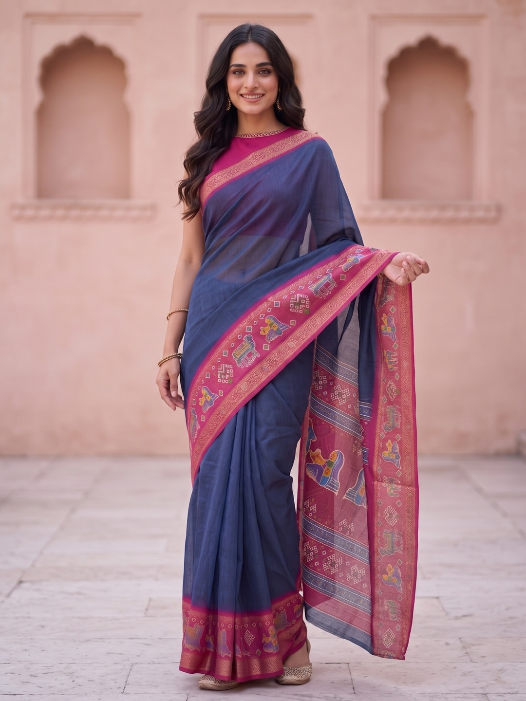 Peachmode Navy Blue Pure Monroe Silk Saree With Bentex Jacquard And Digital Print Pallu - Image 1