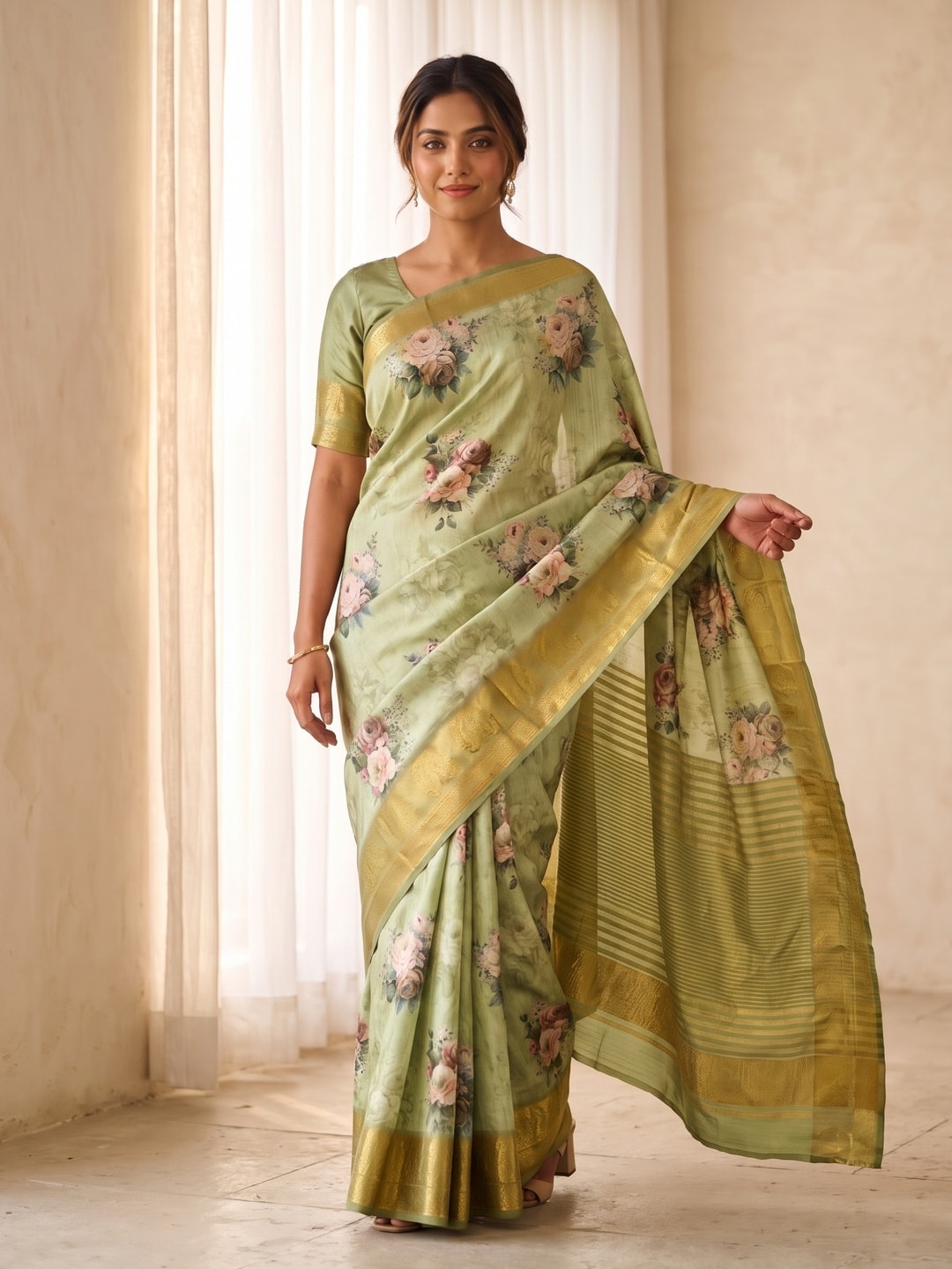 Peachmode Pista Green Pure Katan Silk Saree With Jacquard Weaving Pallu And Digital Floral Print - Image 1