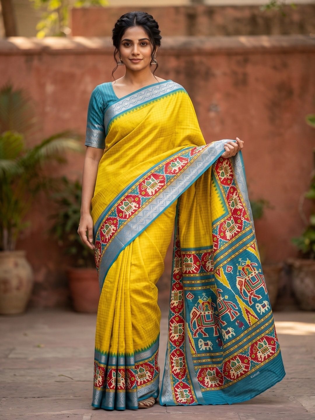 Peachmode Yellow Pure Dola Silk Saree With Bentex Chex Jacquard And Digital Print Elephant Pallu - Image 1