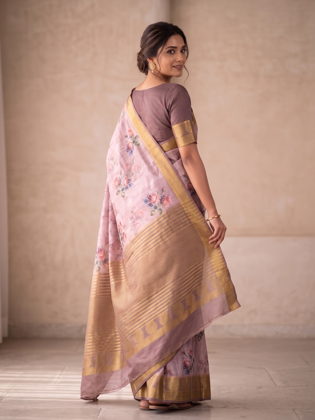 Peachmode Mauve Pure Katan Silk Saree With Jacquard Weaving Pallu And Digital Floral Print - Image 2