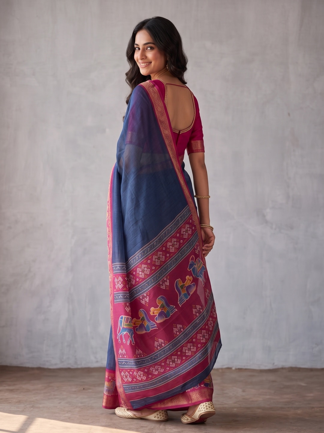 Peachmode Navy Blue Pure Monroe Silk Saree With Bentex Jacquard And Digital Print Pallu - Image 2