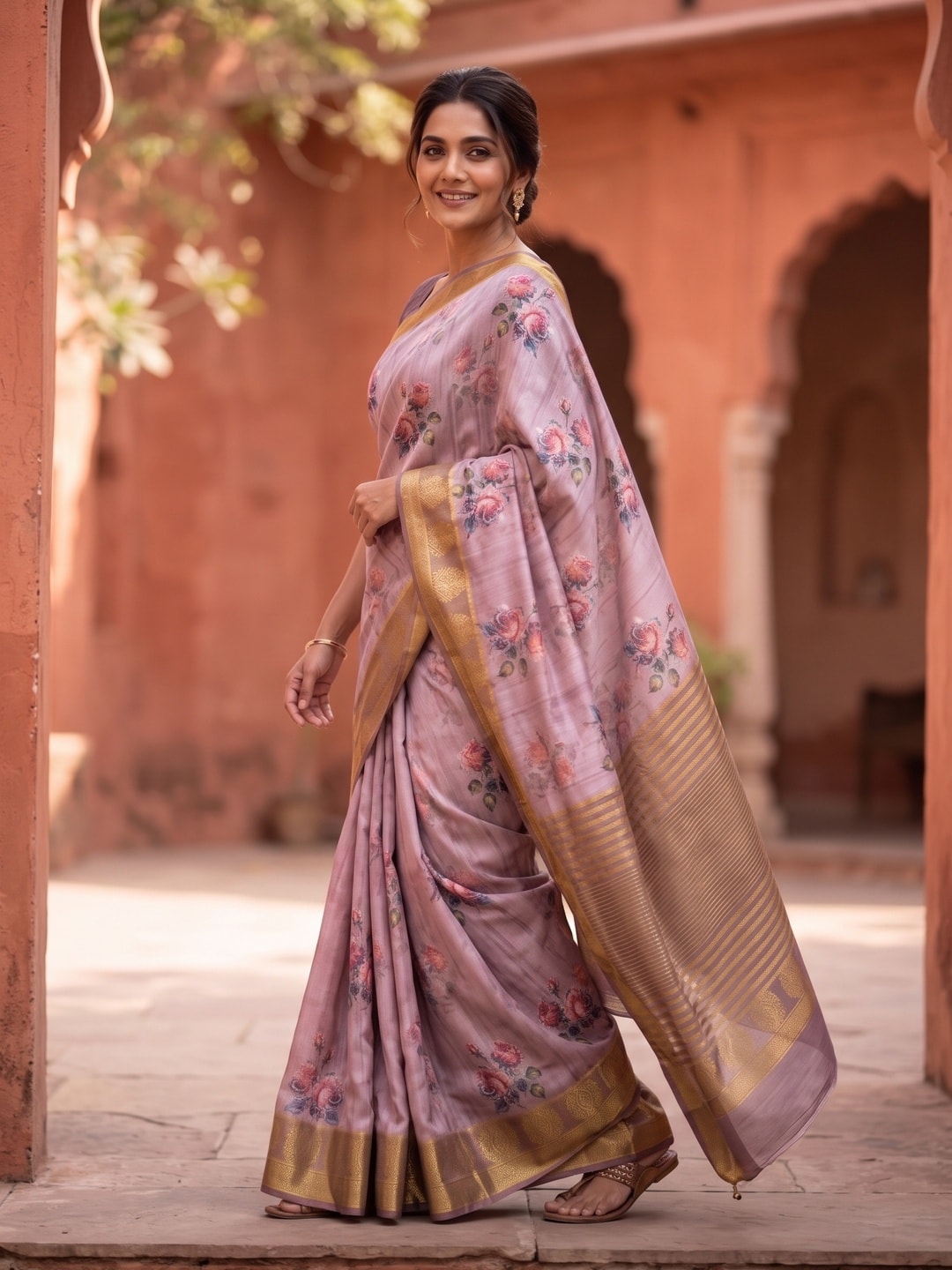 Peachmode Mauve Pure Katan Silk Saree With Jacquard Weaving Pallu And Digital Floral Print - Image 3