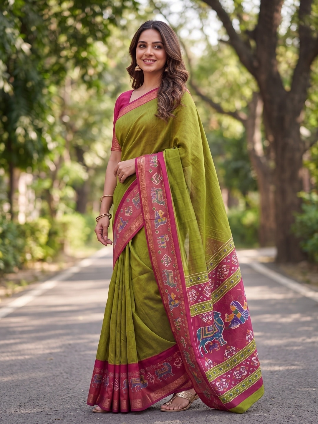 Peachmode Olive Pure Monroe Silk Saree With Bentex Jacquard And Digital Print Pallu - Image 3