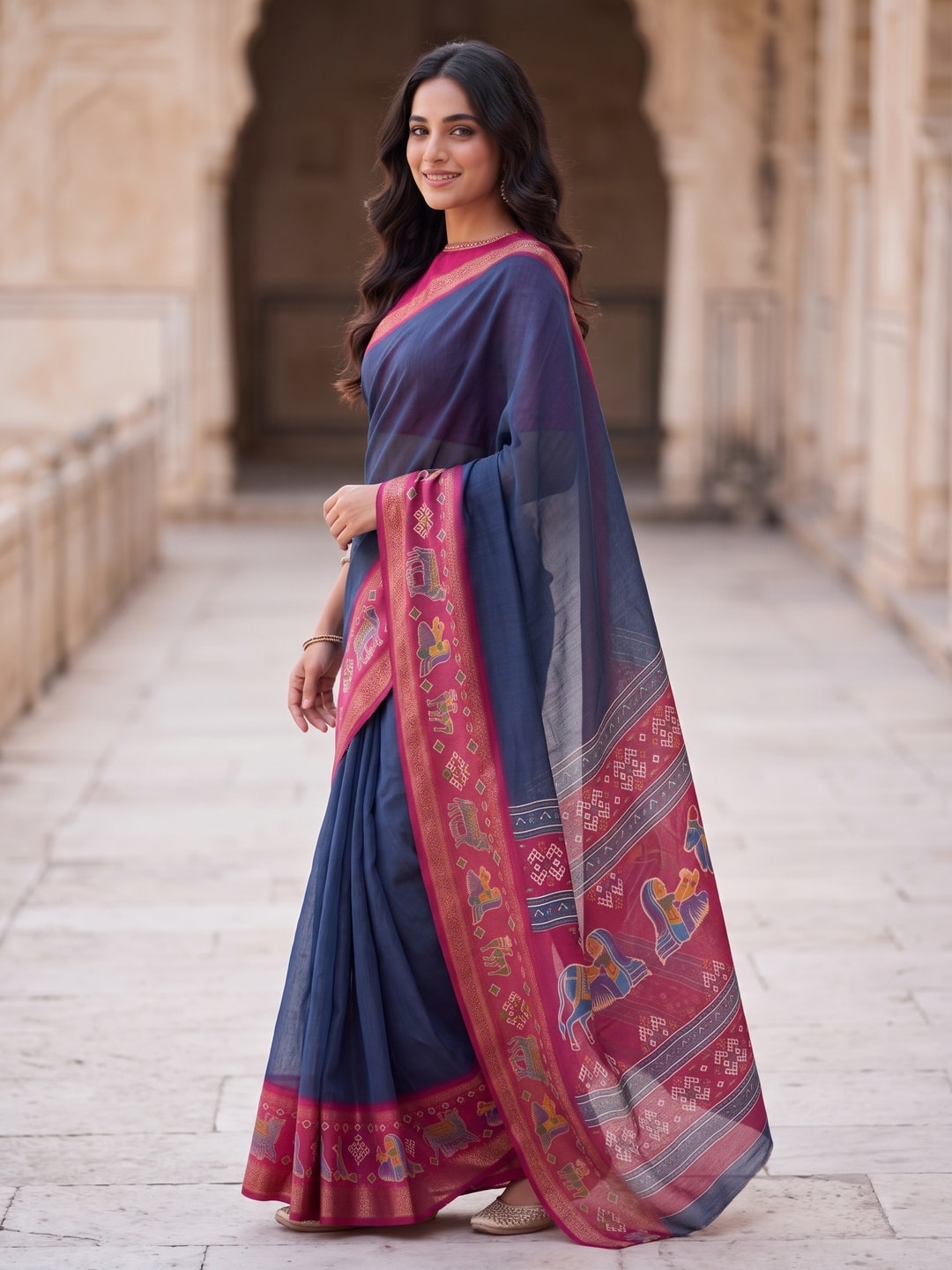 Peachmode Navy Blue Pure Monroe Silk Saree With Bentex Jacquard And Digital Print Pallu - Image 3