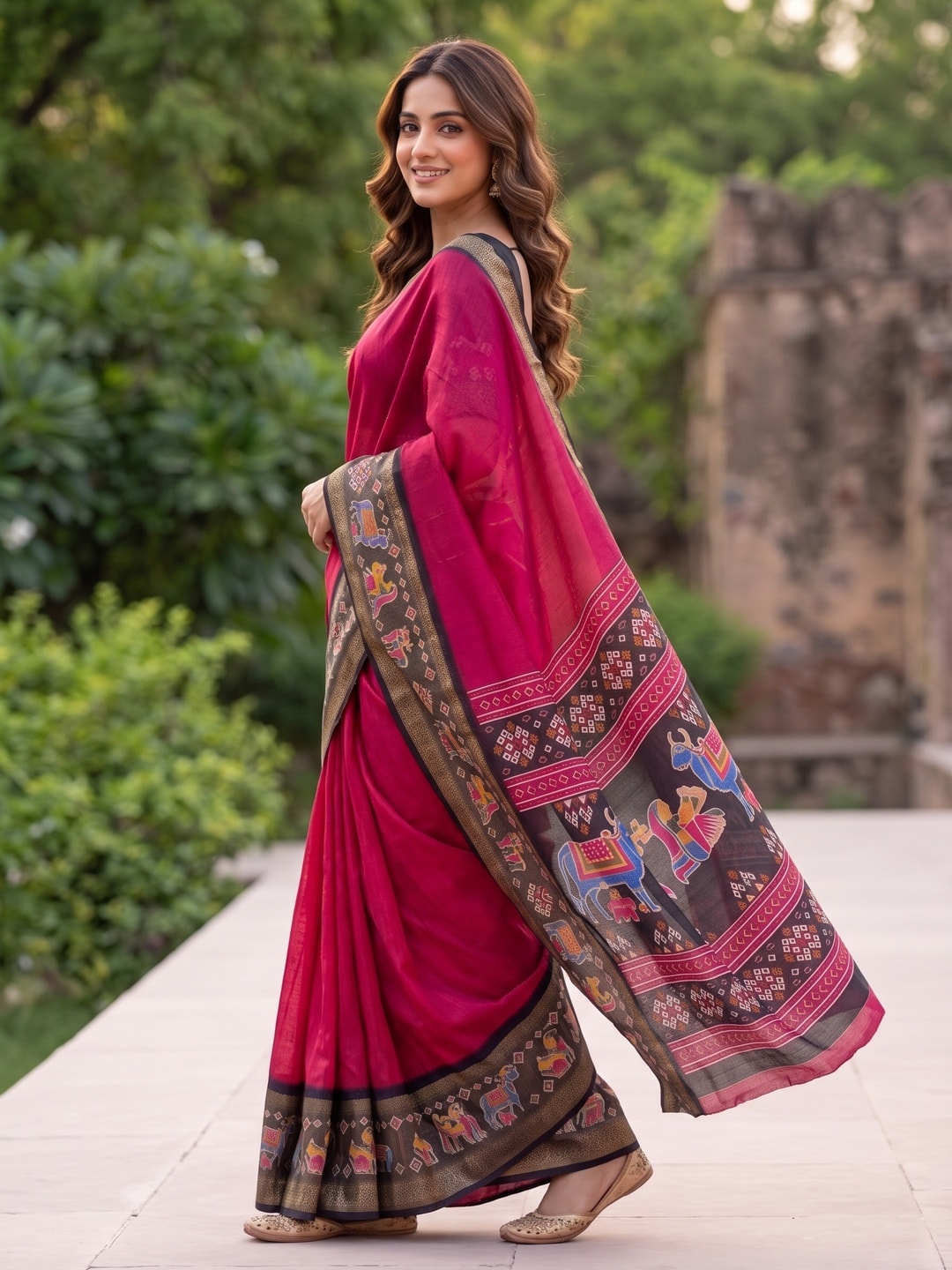 Peachmode Rani Pure Monroe Silk Saree With Bentex Jacquard And Digital Print Pallu - Image 3