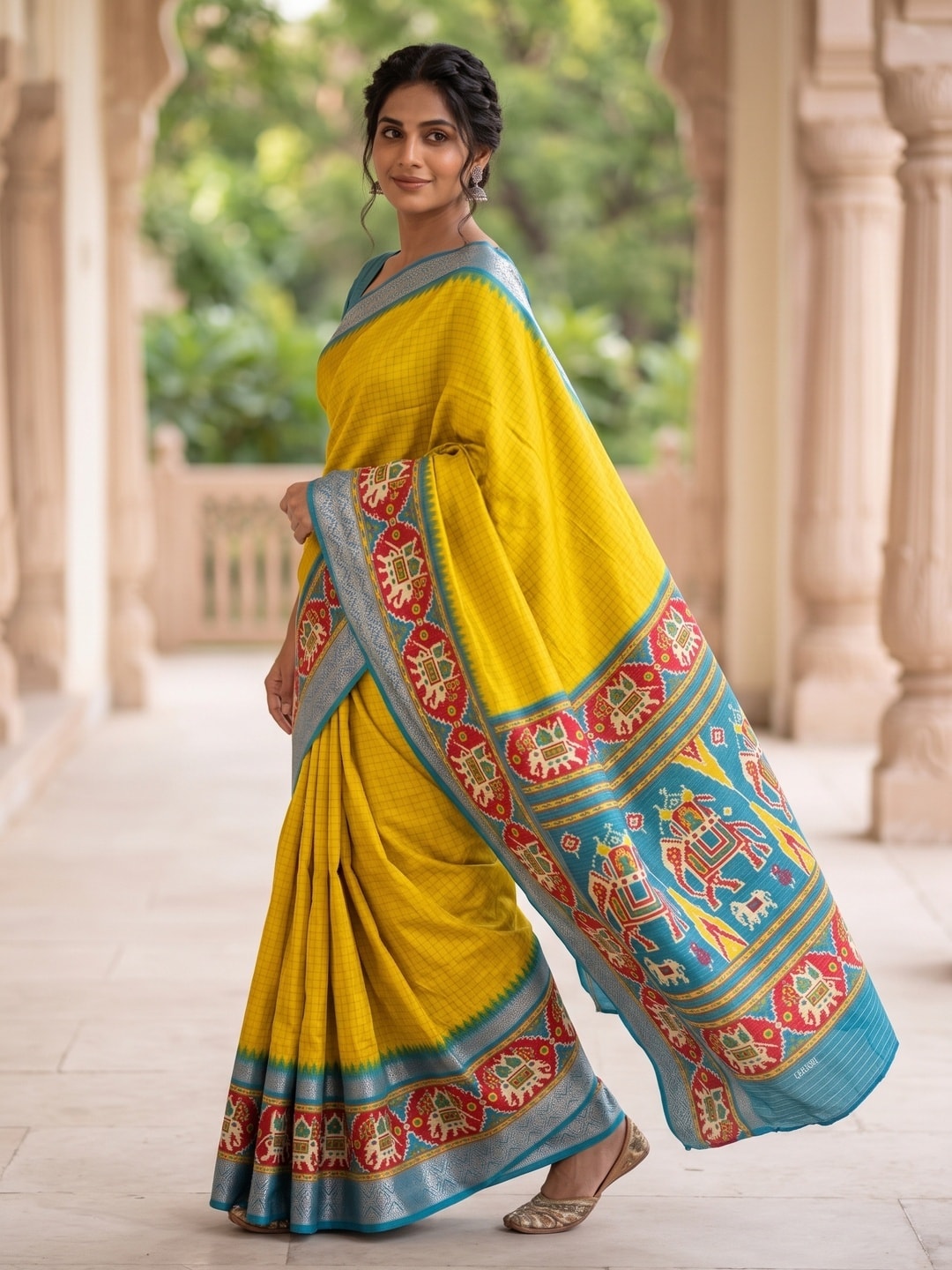 Peachmode Yellow Pure Dola Silk Saree With Bentex Chex Jacquard And Digital Print Elephant Pallu - Image 3