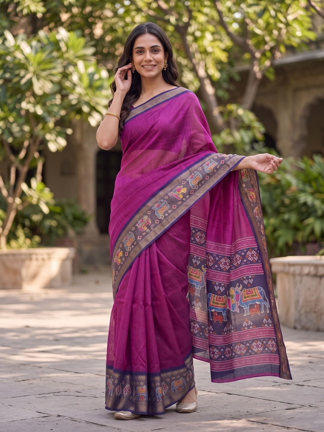 Peachmode Magenta Pure Monroe Silk Saree With Bentex Jacquard And Digital Print Pallu - Image 4