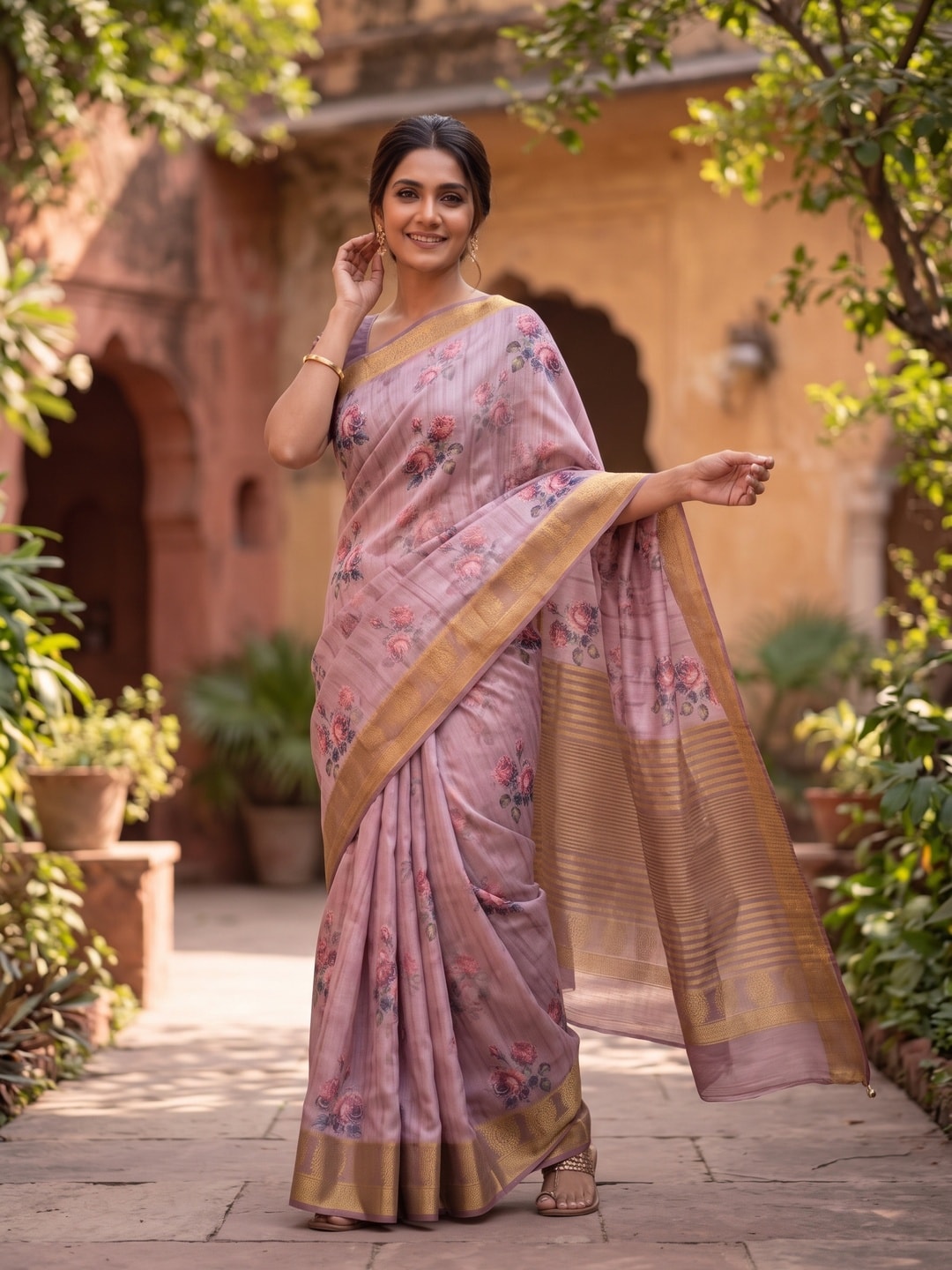 Peachmode Mauve Pure Katan Silk Saree With Jacquard Weaving Pallu And Digital Floral Print - Image 4