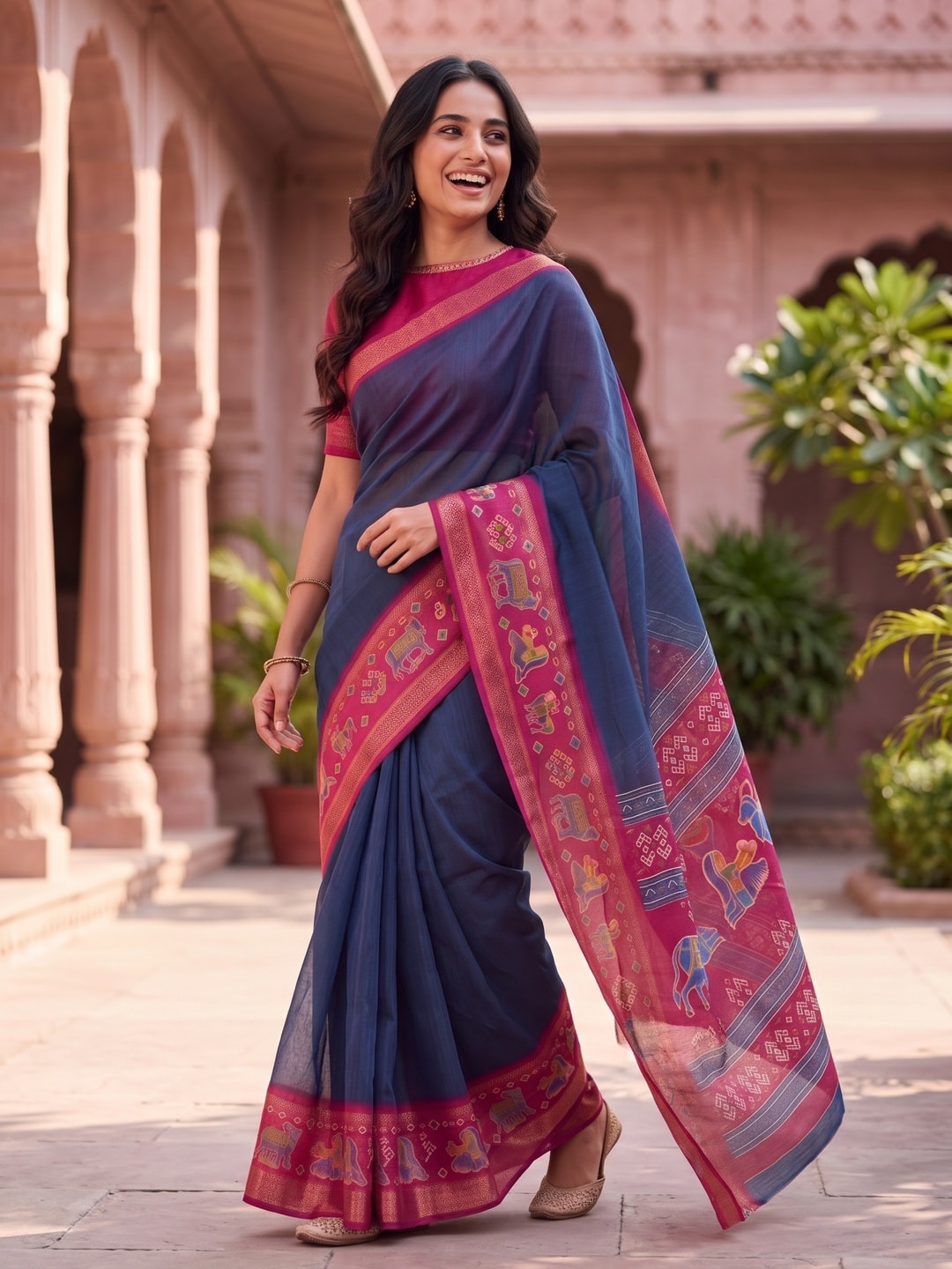 Peachmode Navy Blue Pure Monroe Silk Saree With Bentex Jacquard And Digital Print Pallu - Image 4