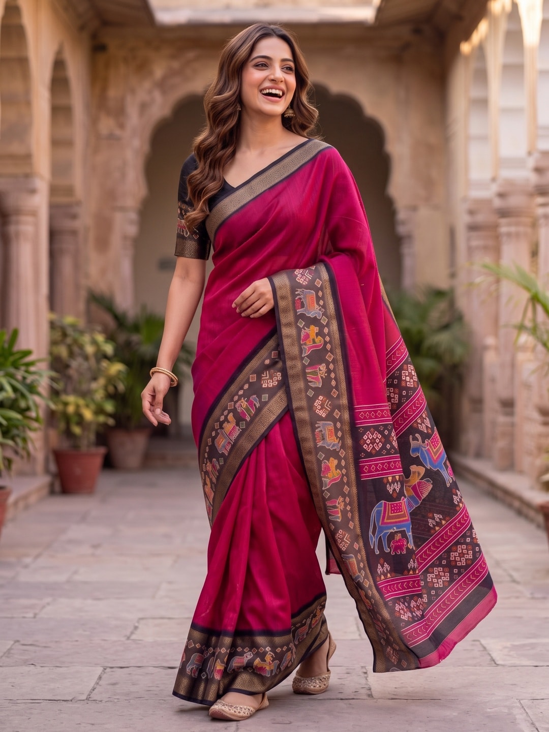 Peachmode Rani Pure Monroe Silk Saree With Bentex Jacquard And Digital Print Pallu - Image 4