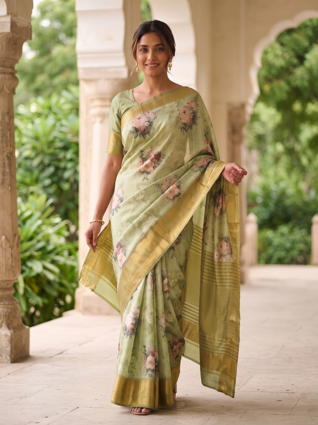 Peachmode Pista Green Pure Katan Silk Saree With Jacquard Weaving Pallu And Digital Floral Print - Image 4