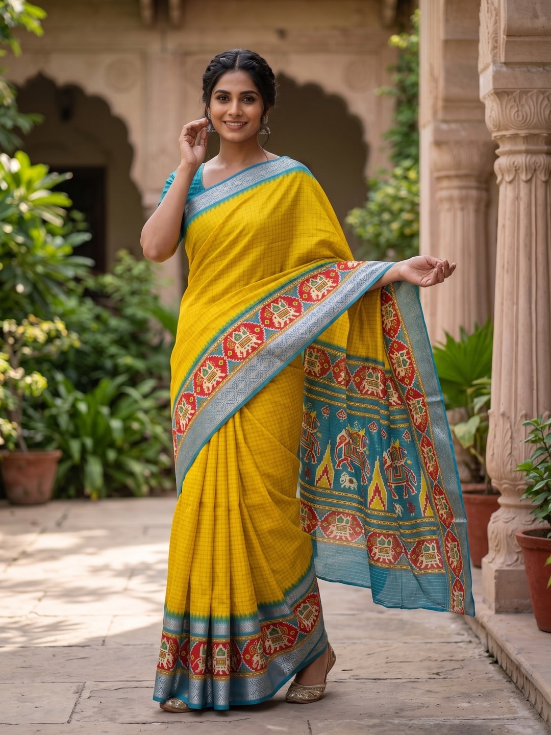 Peachmode Yellow Pure Dola Silk Saree With Bentex Chex Jacquard And Digital Print Elephant Pallu - Image 4