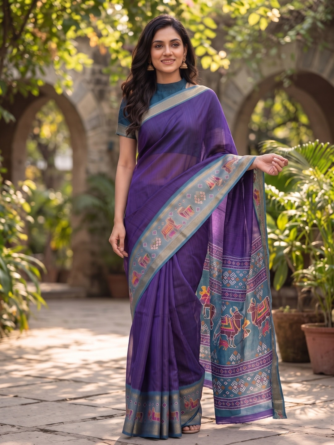 Peachmode Purple Pure Monroe Silk Saree With Bentex Jacquard And Digital Print Pallu - Image 4