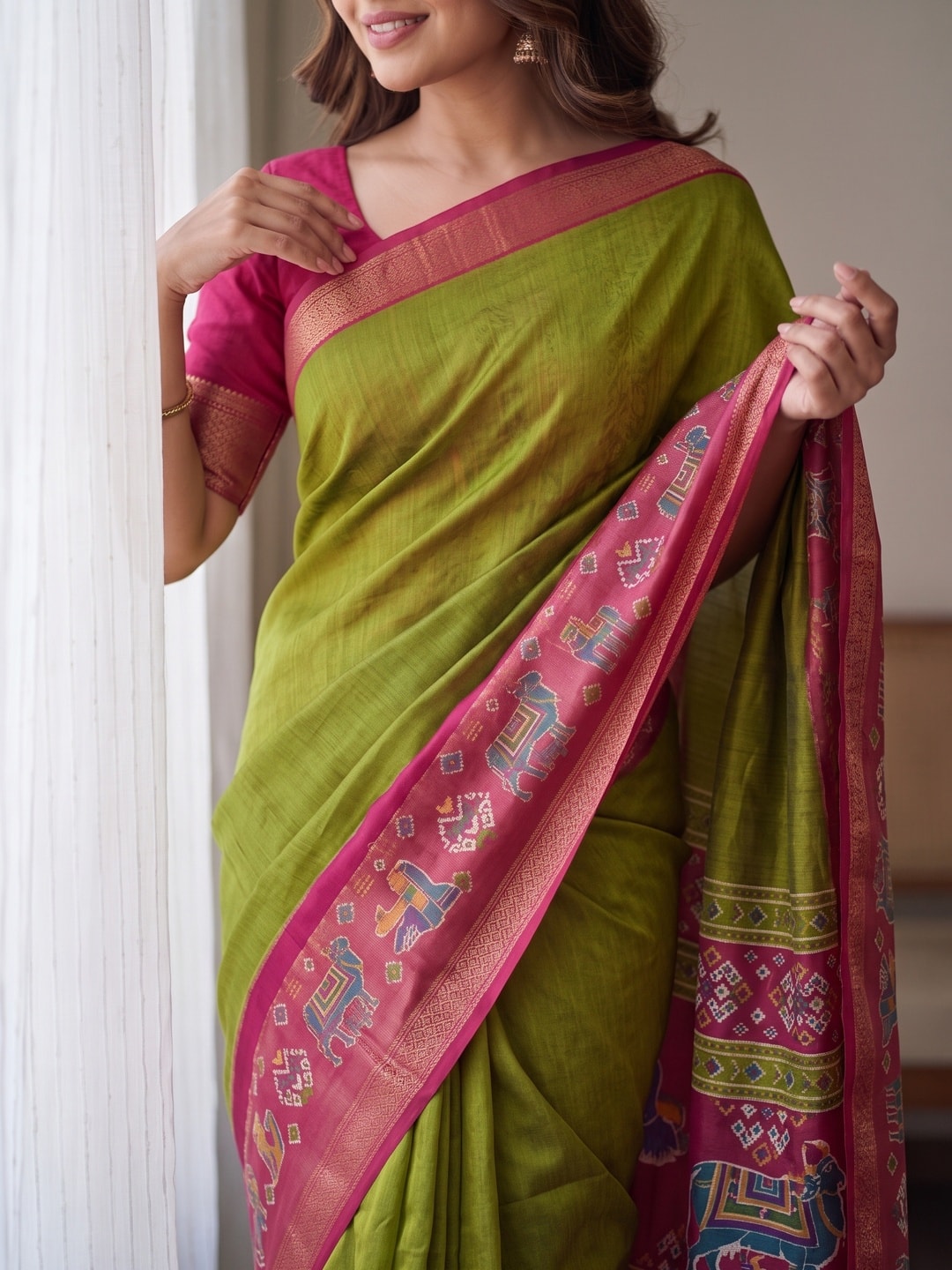 Peachmode Olive Pure Monroe Silk Saree With Bentex Jacquard And Digital Print Pallu - Image 5