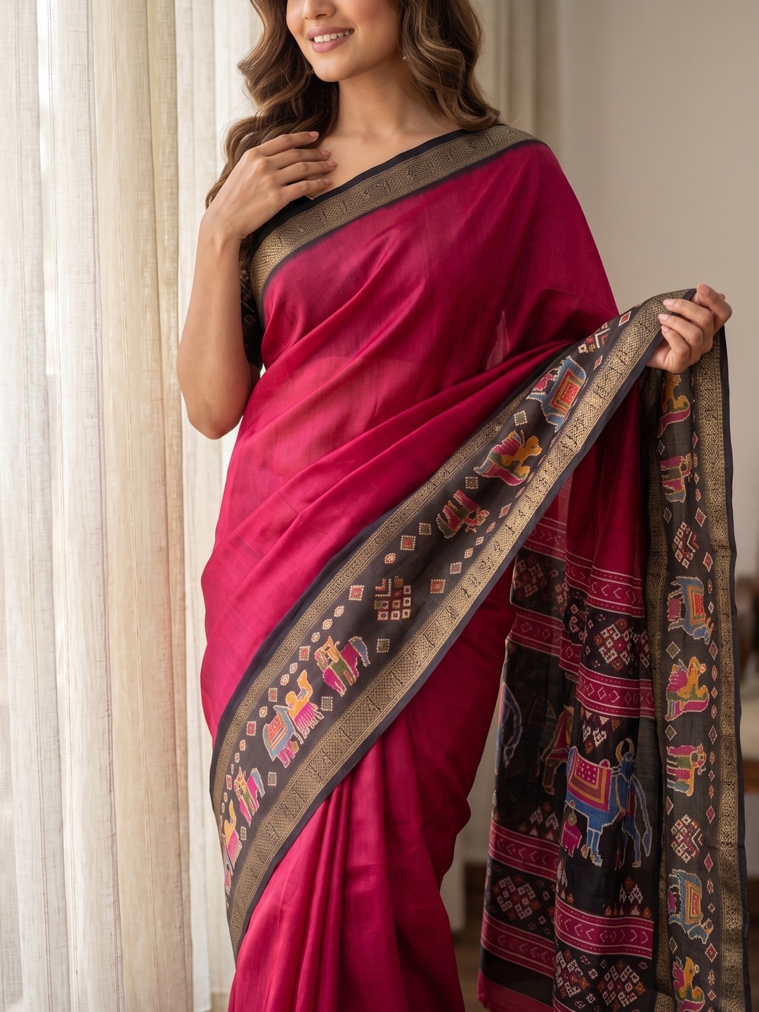 Peachmode Rani Pure Monroe Silk Saree With Bentex Jacquard And Digital Print Pallu - Image 5