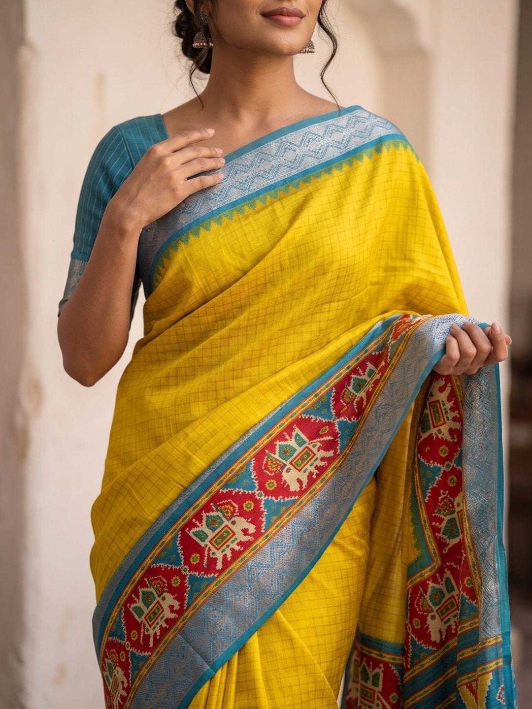 Peachmode Yellow Pure Dola Silk Saree With Bentex Chex Jacquard And Digital Print Elephant Pallu - Image 5