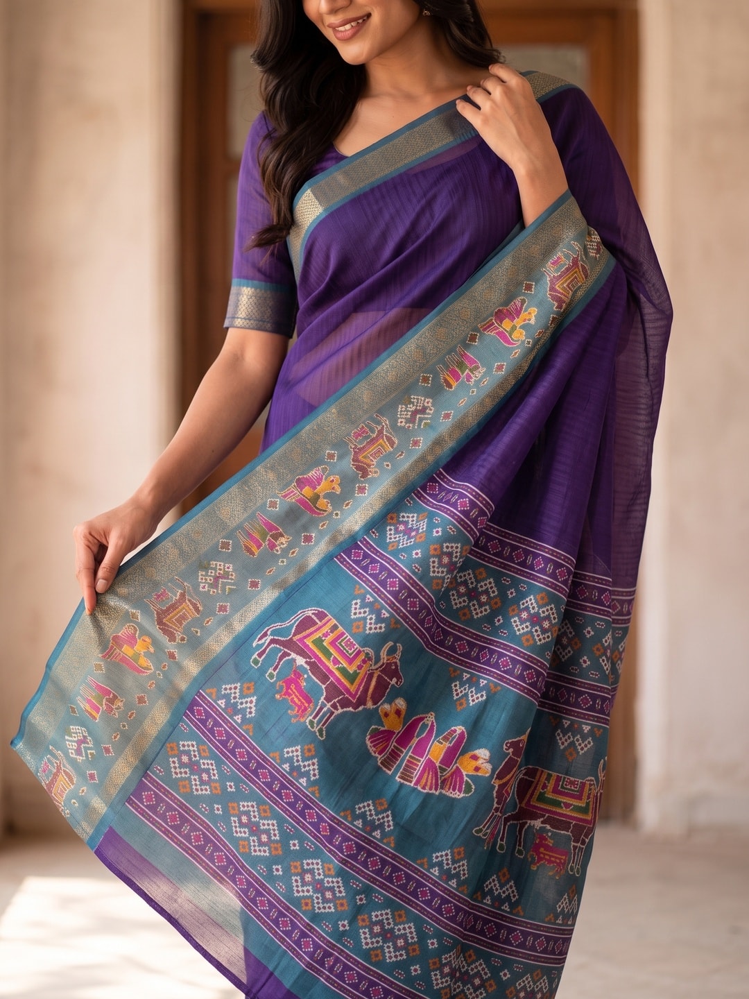 Peachmode Purple Pure Monroe Silk Saree With Bentex Jacquard And Digital Print Pallu - Image 5