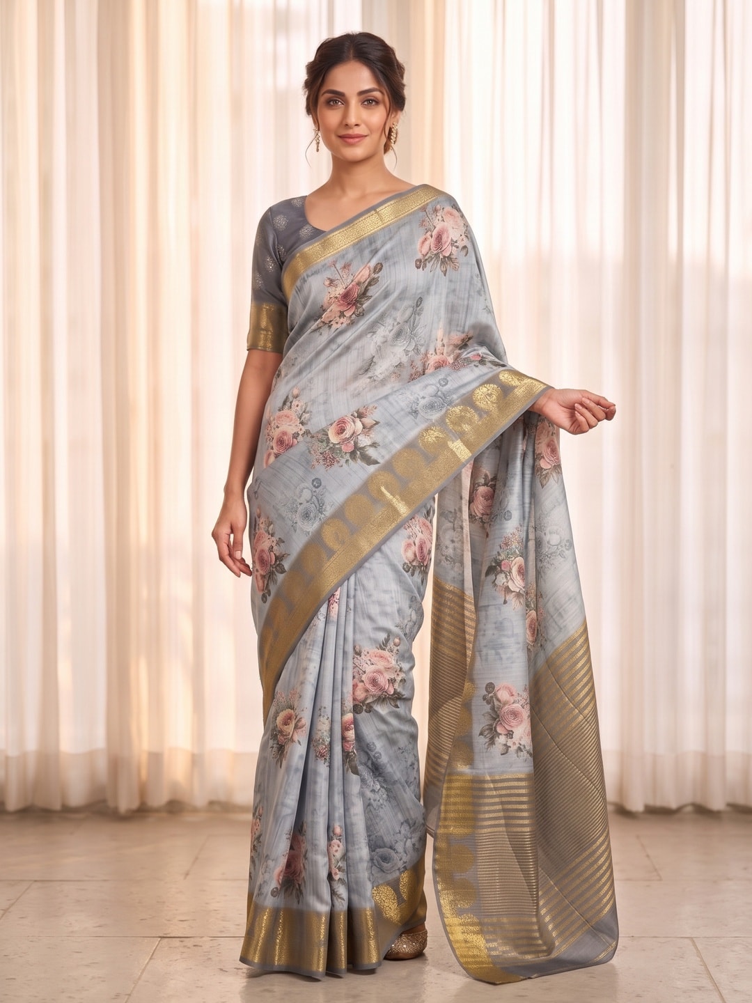 Peachmode Light Blue Pure Katan Silk Saree With Jacquard Weaving Pallu And Digital Floral Print - Image 1