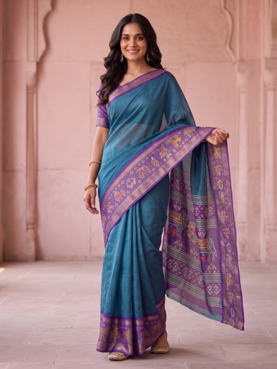 Peachmode Teal Pure Monroe Silk Saree With Bentex Jacquard And Digital Print Pallu - Image 1