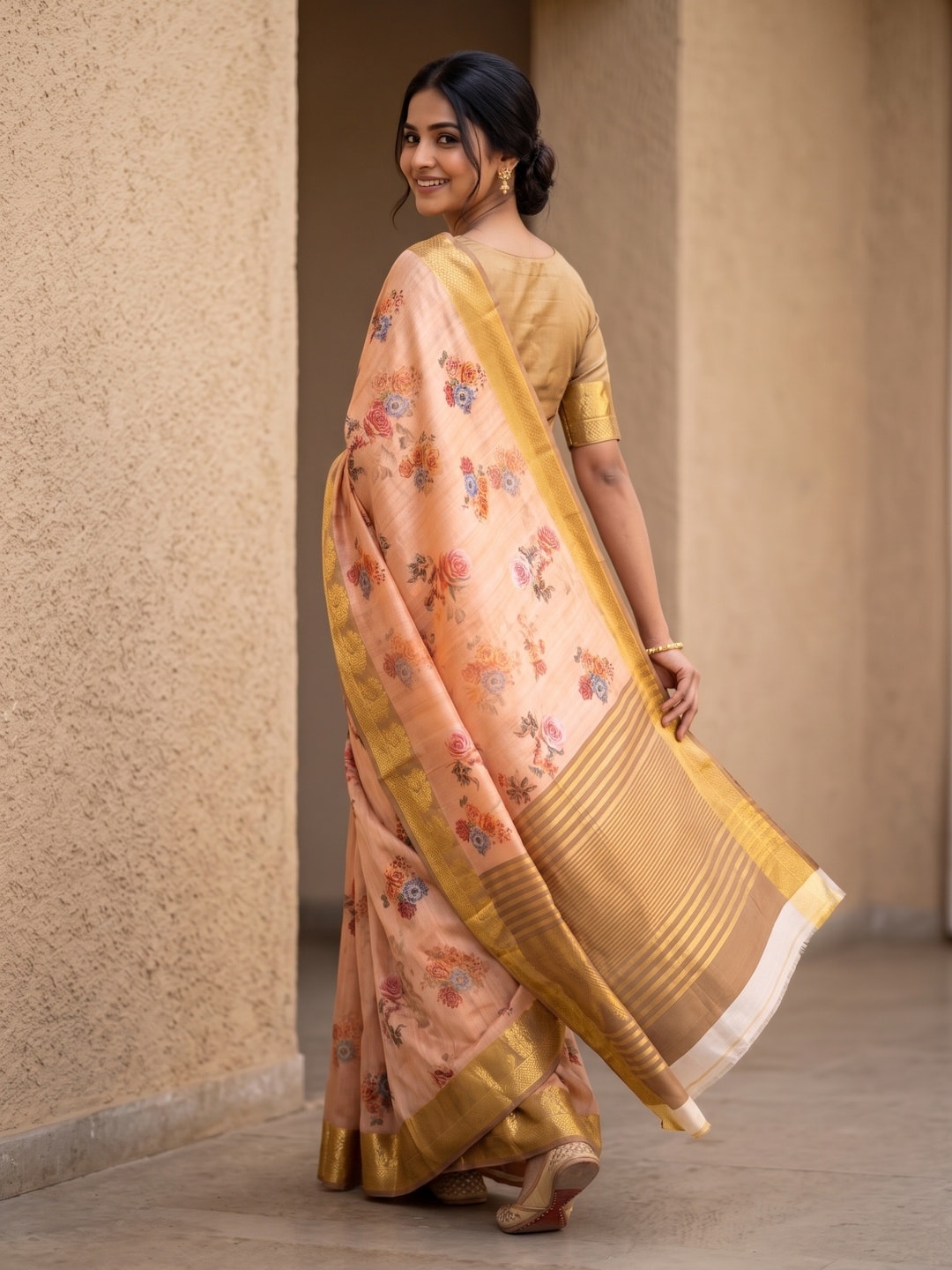 Peachmode Peach Pure Katan Silk Saree With Jacquard Weaving Pallu And Digital Floral Print - Image 2