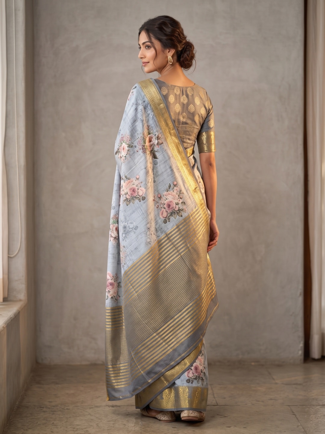 Peachmode Light Blue Pure Katan Silk Saree With Jacquard Weaving Pallu And Digital Floral Print - Image 2