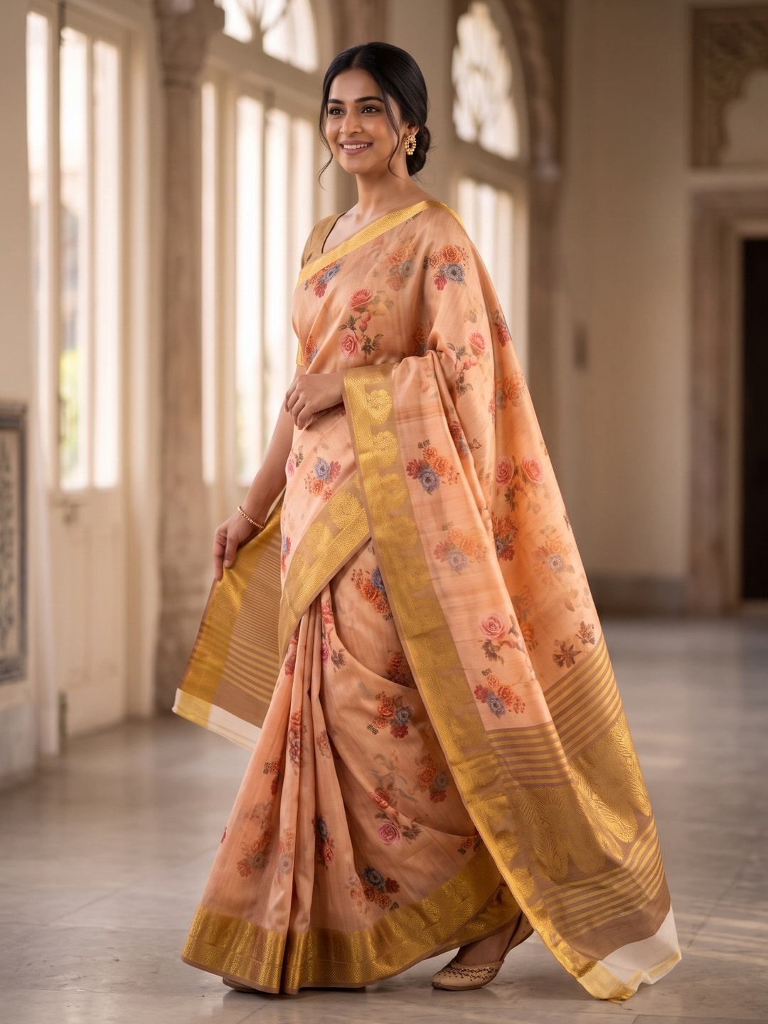 Peachmode Peach Pure Katan Silk Saree With Jacquard Weaving Pallu And Digital Floral Print - Image 3