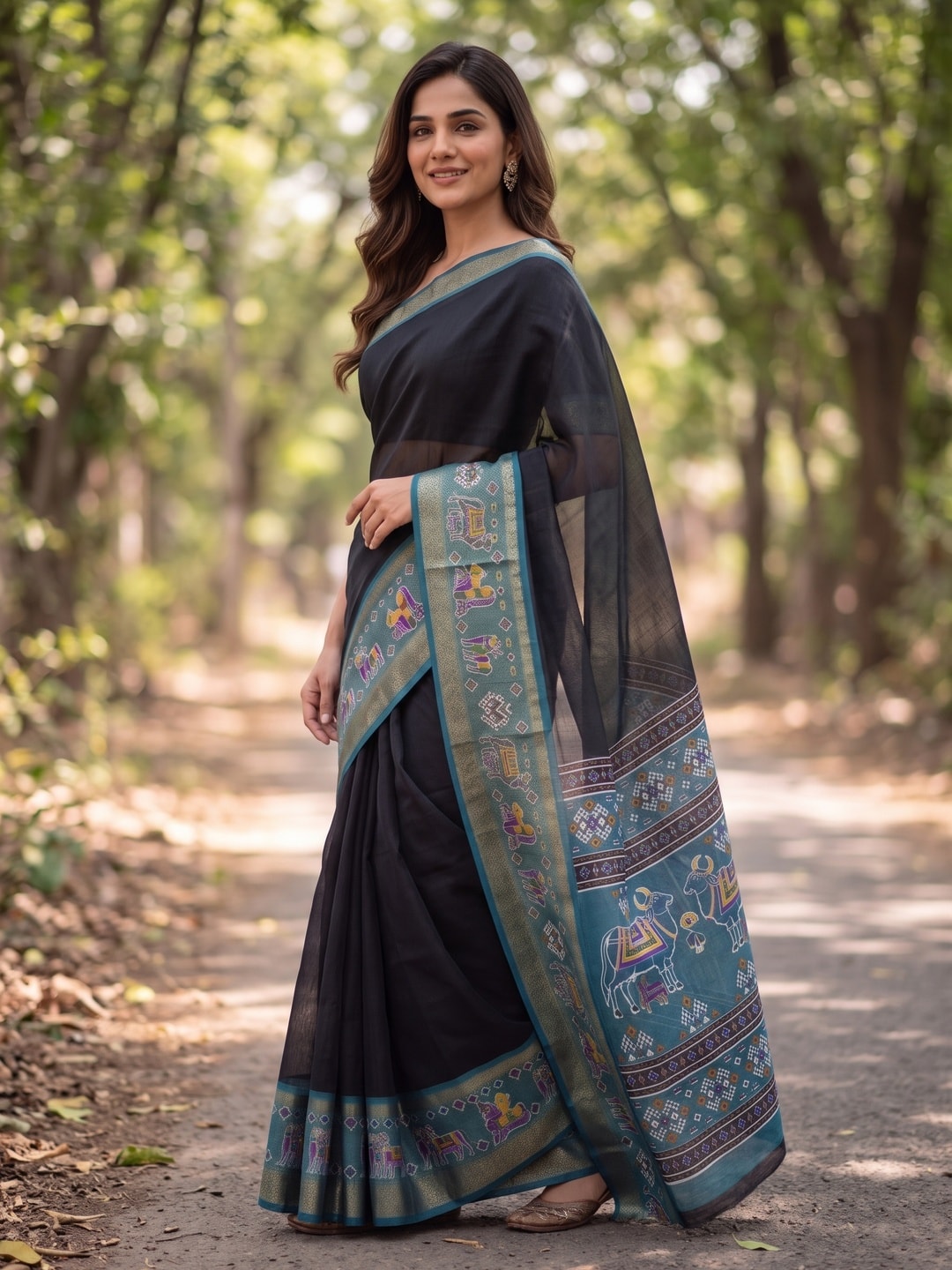 Peachmode Black Pure Monroe Silk Saree With Bentex Jacquard And Digital Print Pallu - Image 3