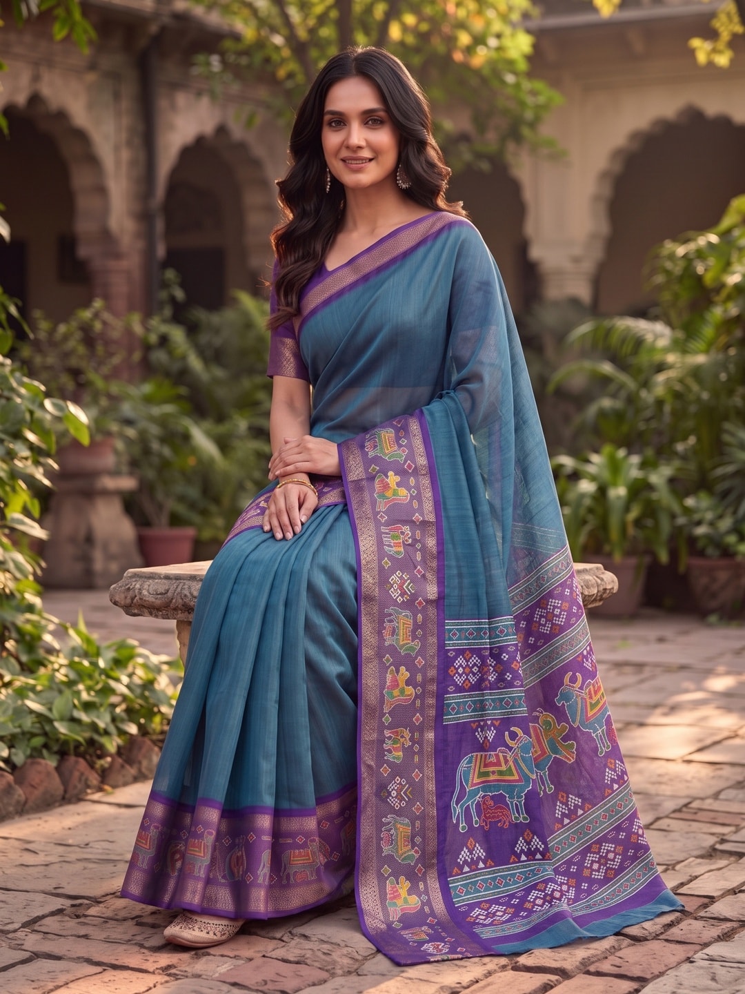 Peachmode Teal Pure Monroe Silk Saree With Bentex Jacquard And Digital Print Pallu - Image 4