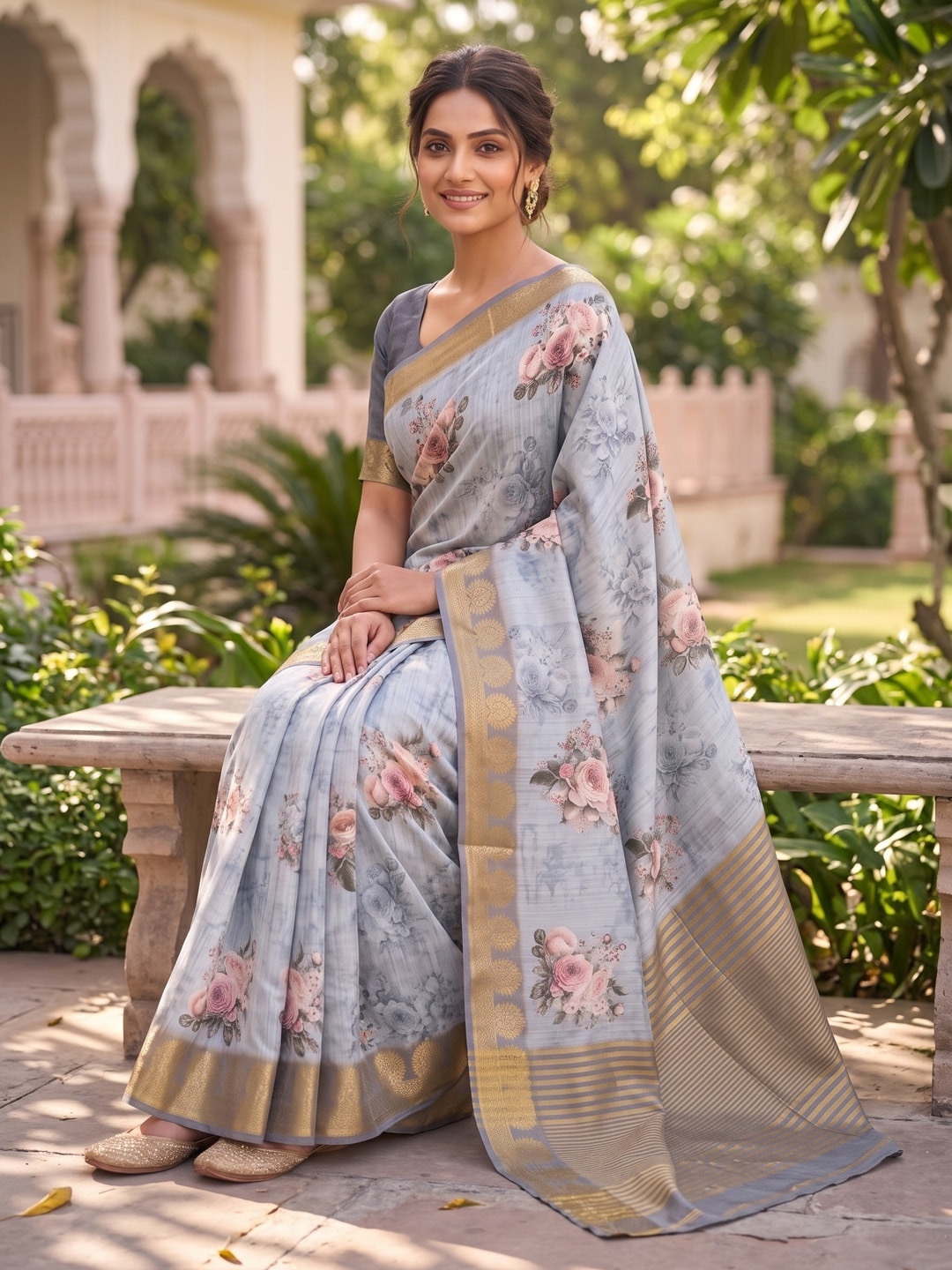 Peachmode Light Blue Pure Katan Silk Saree With Jacquard Weaving Pallu And Digital Floral Print - Image 4