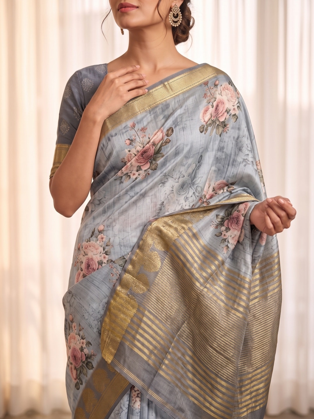 Peachmode Light Blue Pure Katan Silk Saree With Jacquard Weaving Pallu And Digital Floral Print - Image 5