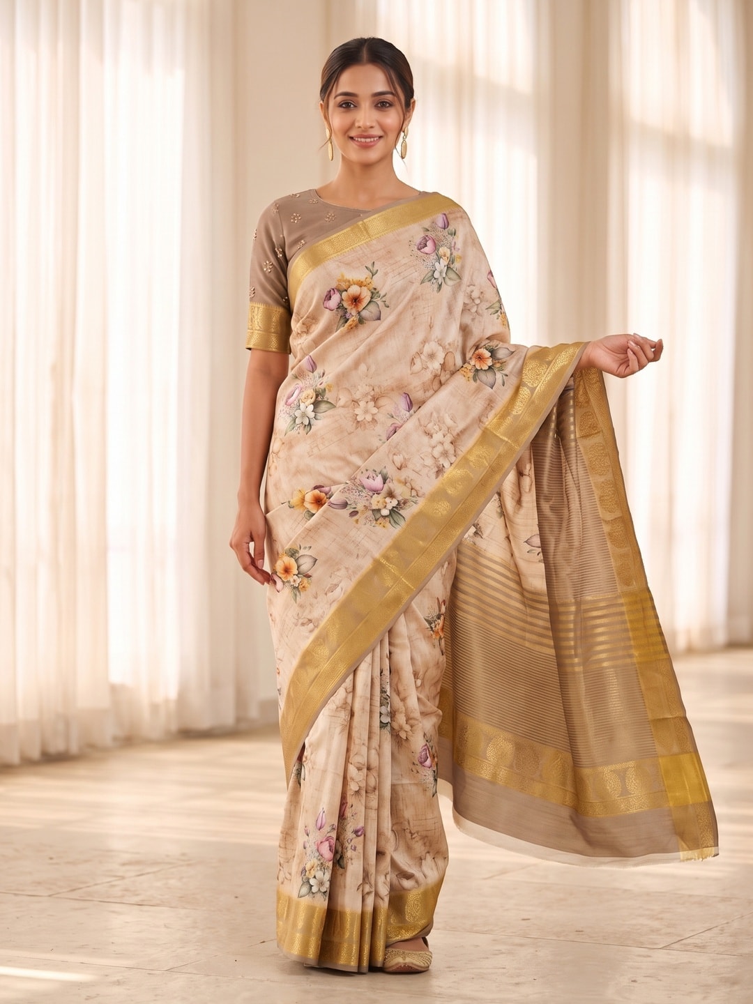 Peachmode Cream Pure Katan Silk Saree With Jacquard Weaving Pallu And Digital Floral Print - Image 1