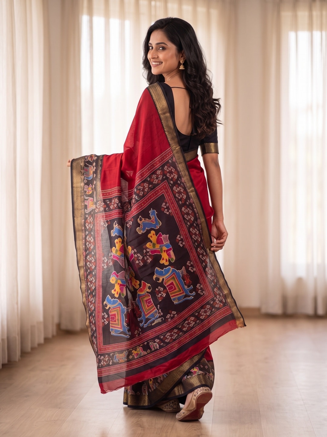 Peachmode Red Pure Monroe Silk Saree With Bentex Jacquard And Digital Print Pallu - Image 2