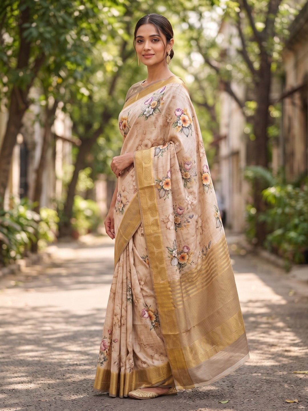 Peachmode Cream Pure Katan Silk Saree With Jacquard Weaving Pallu And Digital Floral Print - Image 3