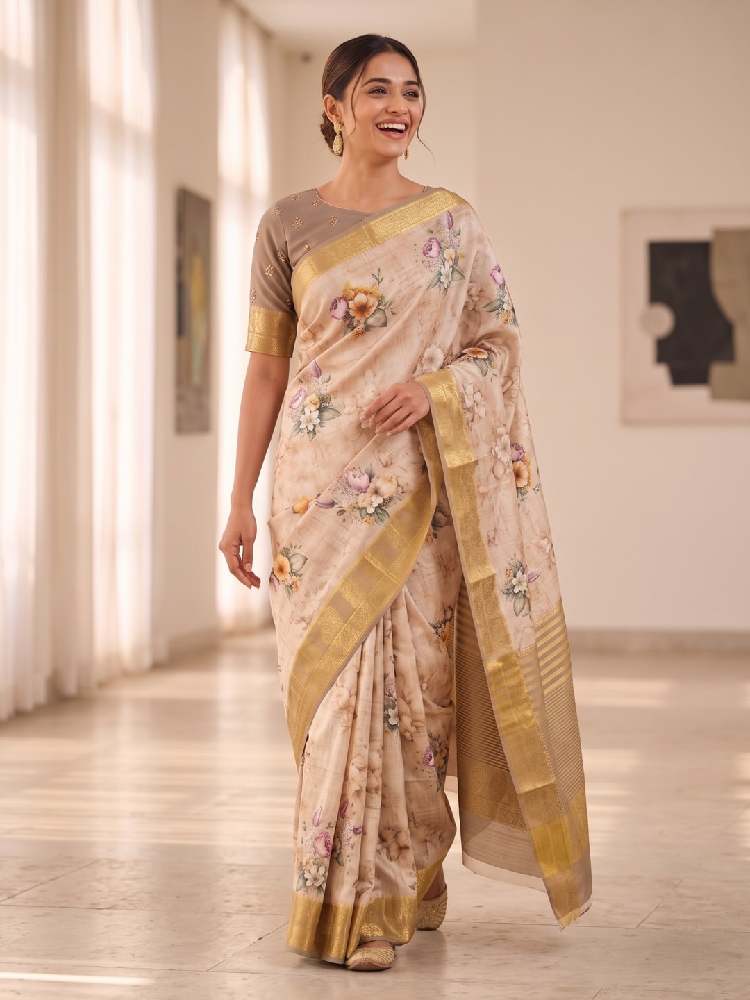 Peachmode Cream Pure Katan Silk Saree With Jacquard Weaving Pallu And Digital Floral Print - Image 4